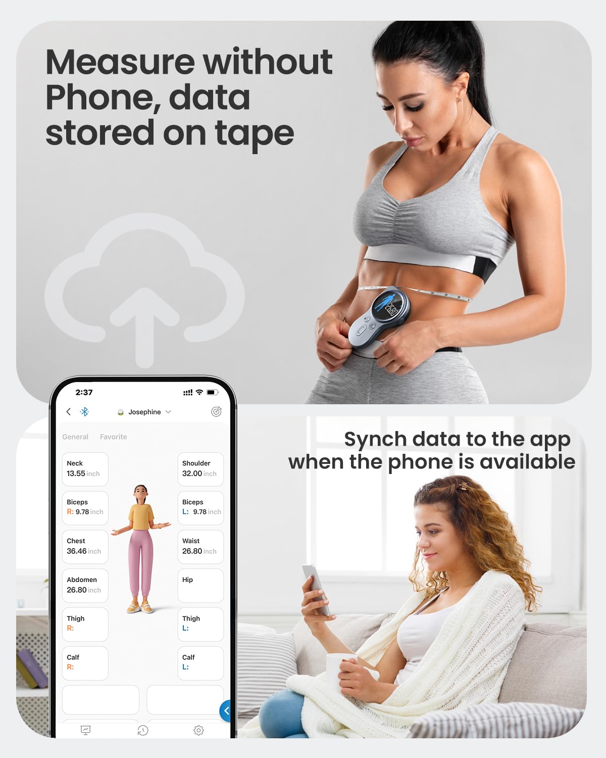 RENPHO Smart Body Tape Measure+, cinta métrica inteligente corporal, cinta métrica mejorada para pérdida de peso, ganancia muscular, fisicoculturismo, cinta digital inteligente en pulgadas y cm