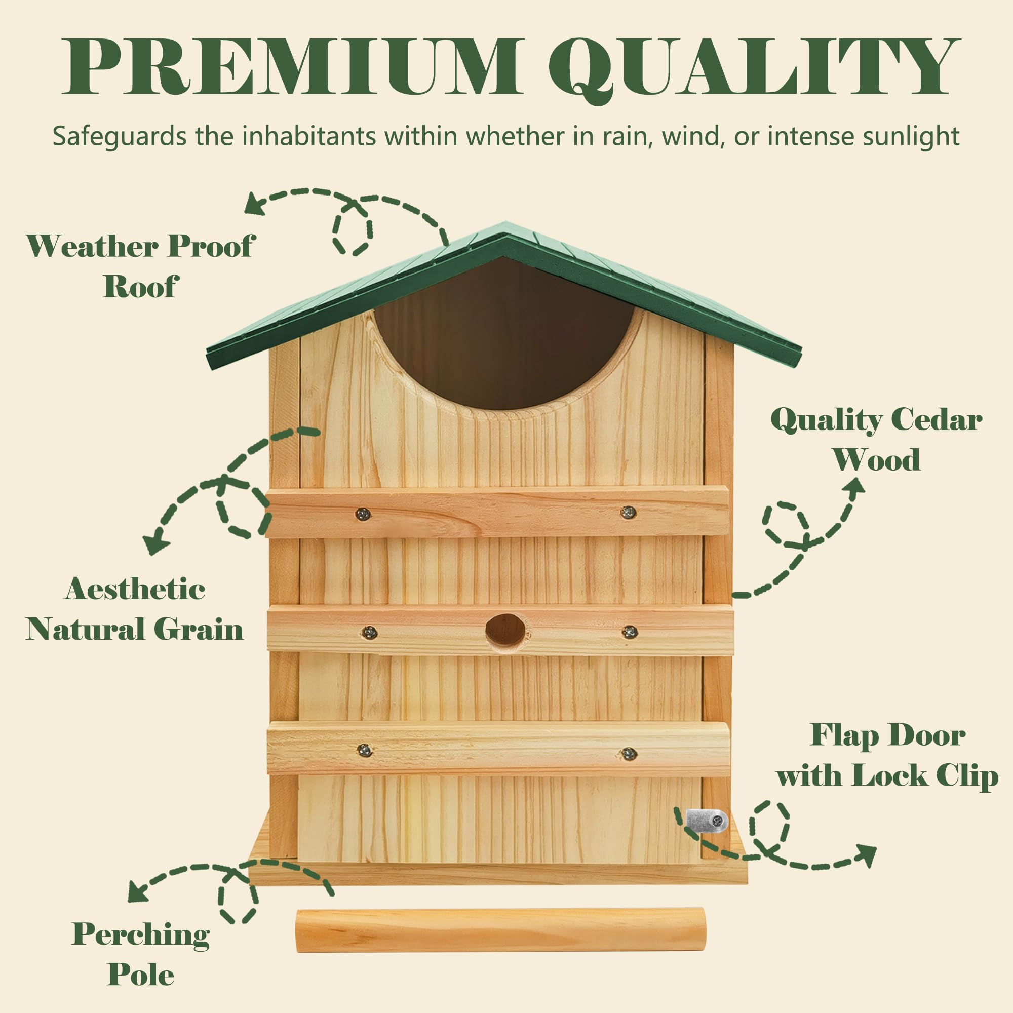 PROLEE Screech - Casa de búho para exteriores, caja de anidación de búho de cedro de 14 x 10 pulgadas con puerta de limpieza, accesorios de montaje y virutas de madera, casa de pájaros de madera