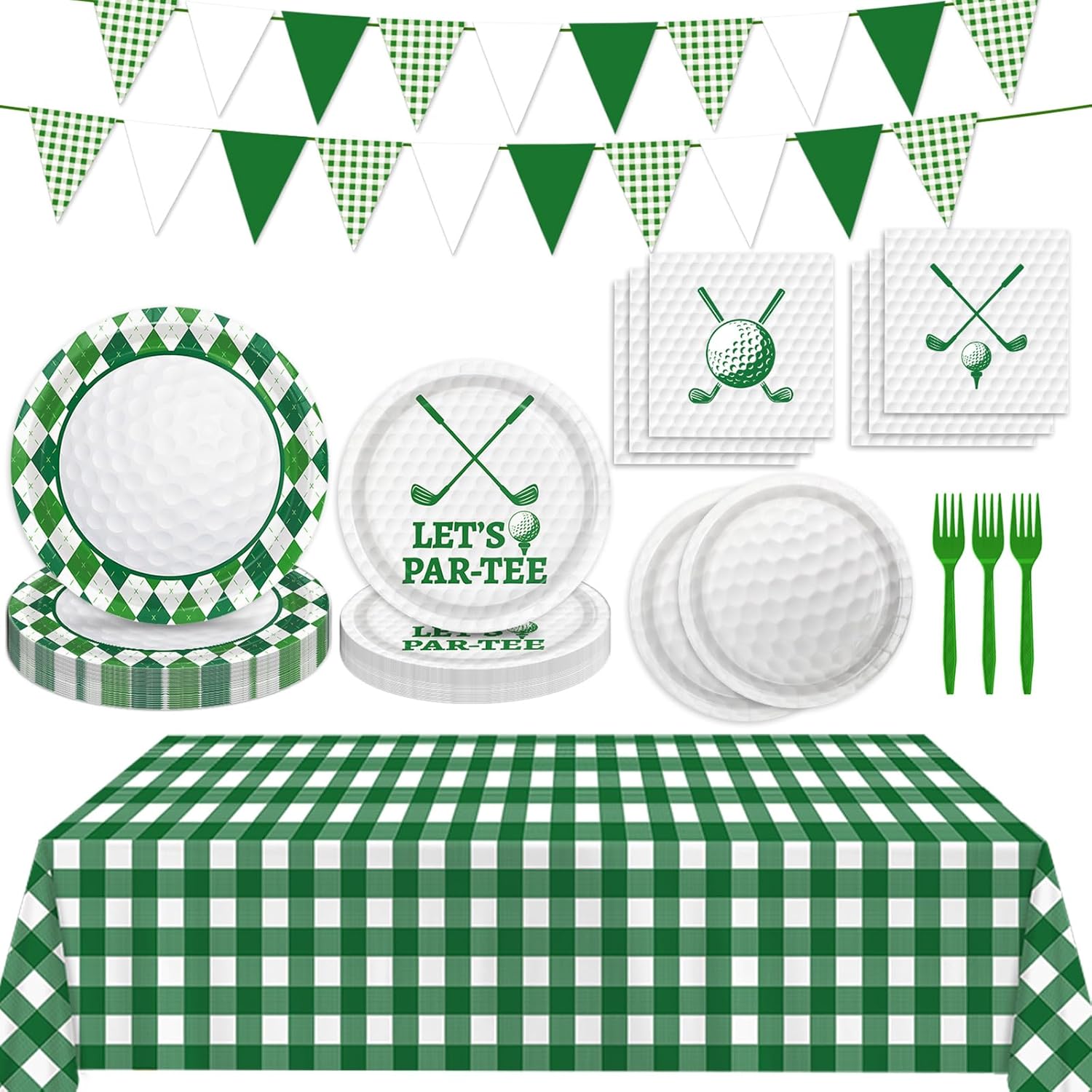 LINHAXM Golf Party Decorations Include Plates, Napkins, Forks, Banner, Tablecloth — Sports Birthday or Baby Shower Golf Birthday Decorations, Serves 24