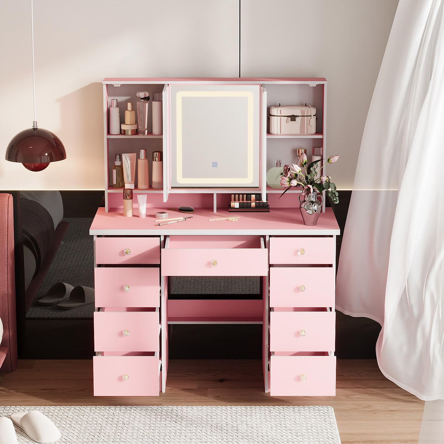 Timechee Vanity Mirror with Lights, Corner Vanity Desk with 9 Storage Drawers, 4 Large Shelves, 3 Color Lighting Options, Makeup Table Desk with Mirror for Bedroom, Restroom, Pink