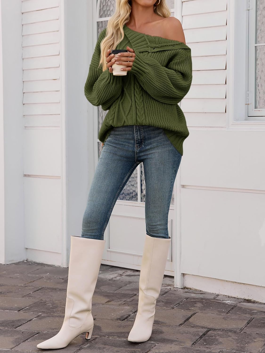 Saodimallsu Womens Oversized Cable Knit Sweaters 2025 Fall Winter Trendy Button Up Turtleneck Chunky Pullover Sweater Tops - Image 5