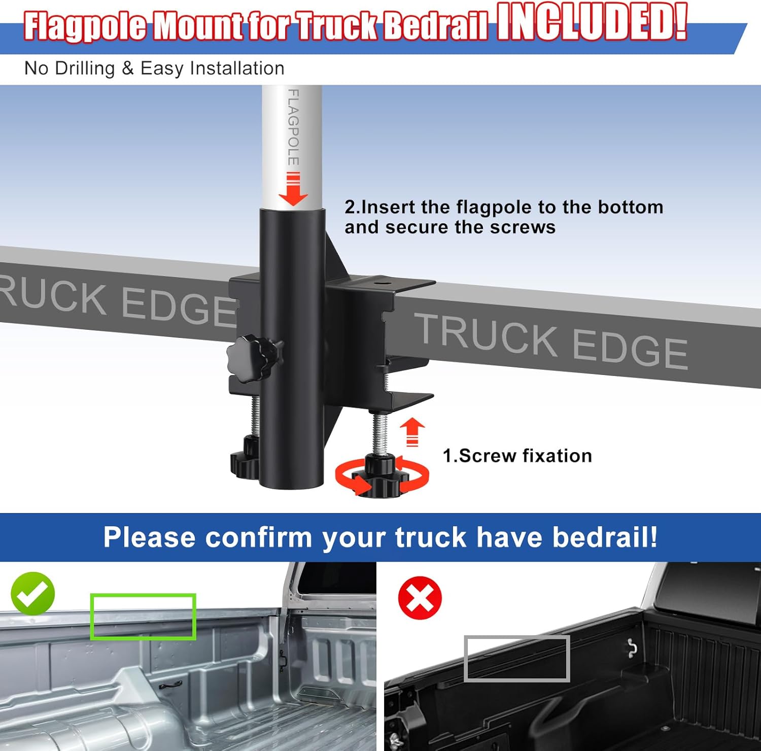 Truck Flag Pole with Mount for Truck Bed, 5ft Black Metal Flagpole, Heavy Duty Flag Pole Kit with Holder, Drilling Free for Truck Bed Rail, Pickup, Jeep, Deck Railing, Balcony, Boat, Fence Post