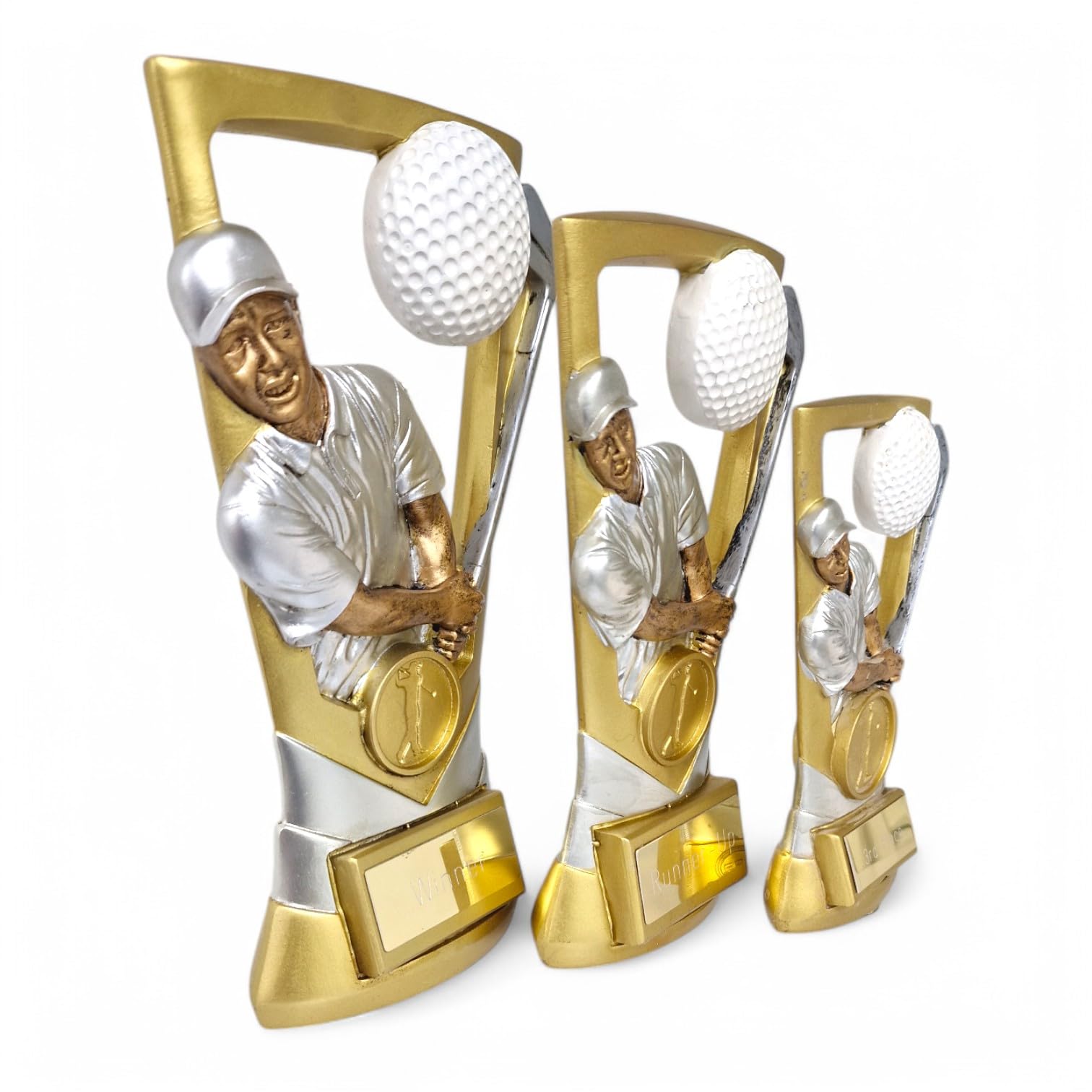 Trophy Monster Paquete completo de premios de golf de 3 piezas para el día del golf, platos grabados incluidos, hecho de resina, paquete a granel