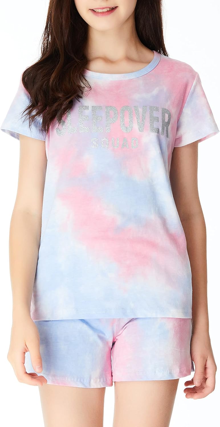 Beezizac Tie Dye Pajamas for Girls - 100% Cotton Glitter Butterfly Cat Summer Short Sleeve PJ Set Tween Clothes Size 4T - 18 - Image 2
