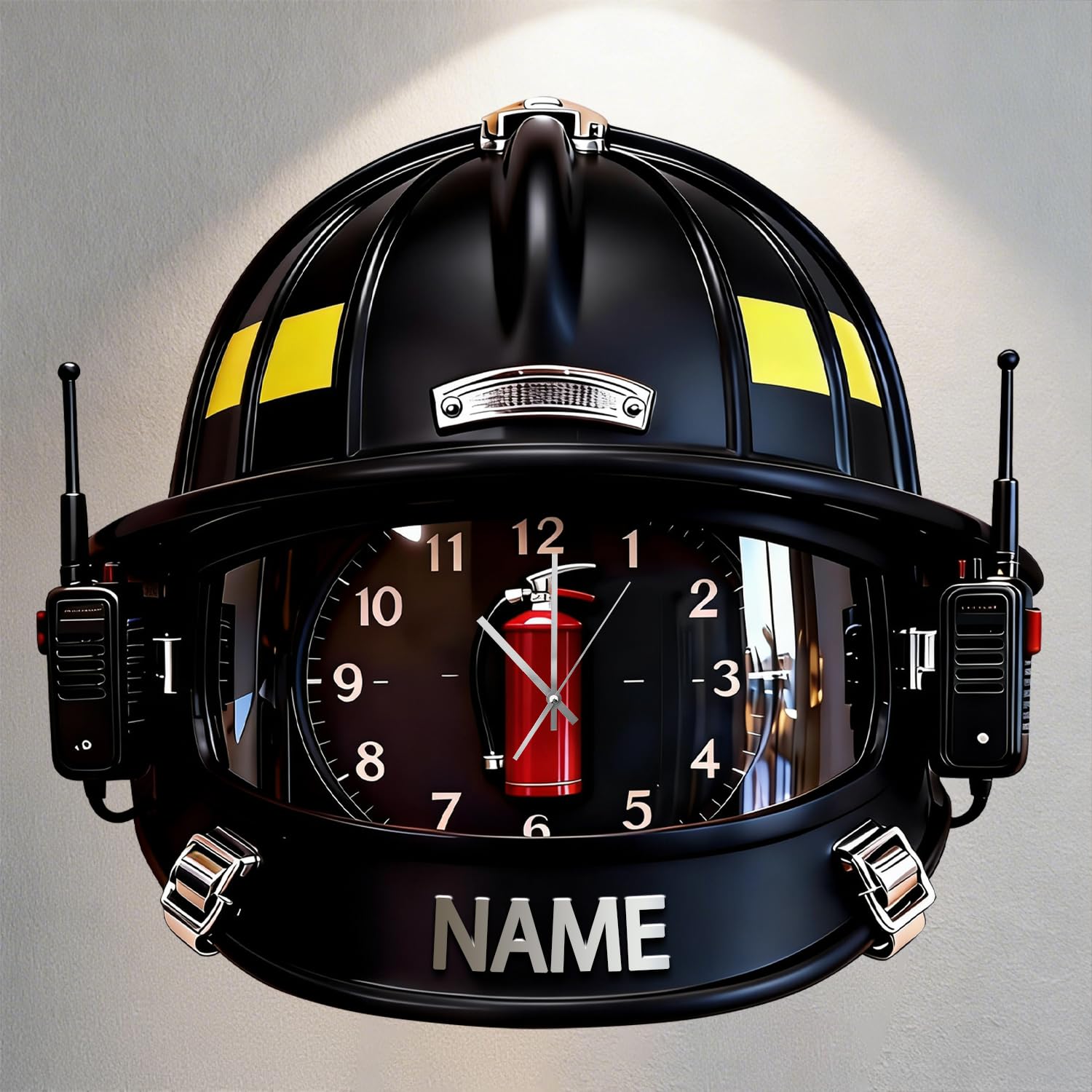 Pmcbneu Personalized Firefighter Helmet-Themed Clock Custom 2D Flat Name Firefighting Accessories Decorative Clock Fireman Name Wall Decor Sign for Bedroom Bathroom Dining Room Christmas Birthday,02