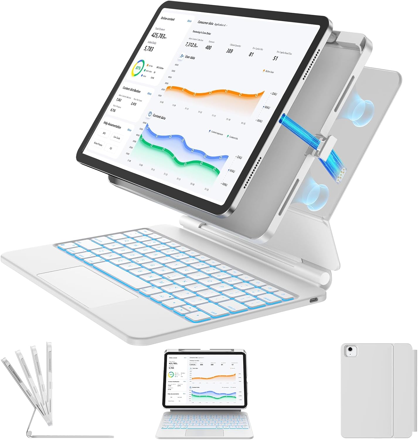 TSQQST Keyboard Case for iPad A16 11th Gen 2025 & 10th Generation 10.9" 2022, Floating Magnetic Stand, Removable Case, Precision Multi-Touch Trackpad, 7-Color Backlit, Smart Connector, White