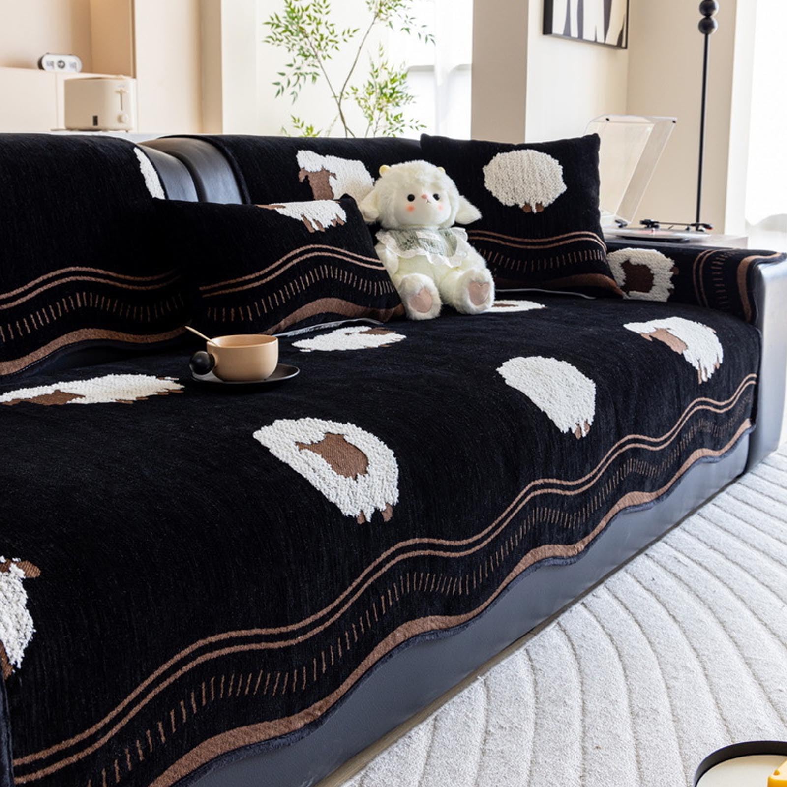 Housse de canapé en chenille noire 90x210 cm protectrice antidérapante