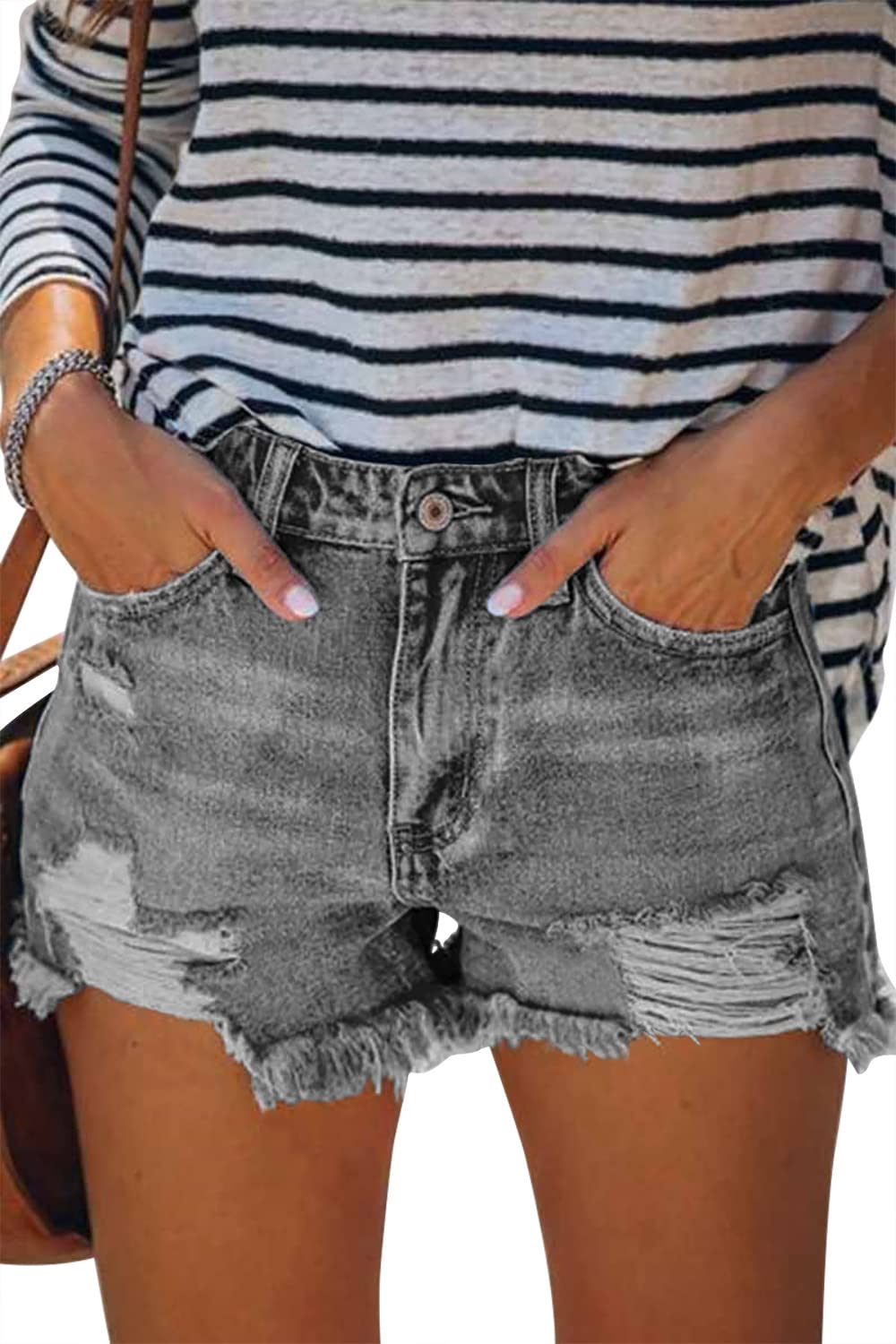 CHICZONE Womens Mid-High Waisted Ripped Denim Jean Shorts Cutoff Stretchy Summer Hot Short Pants