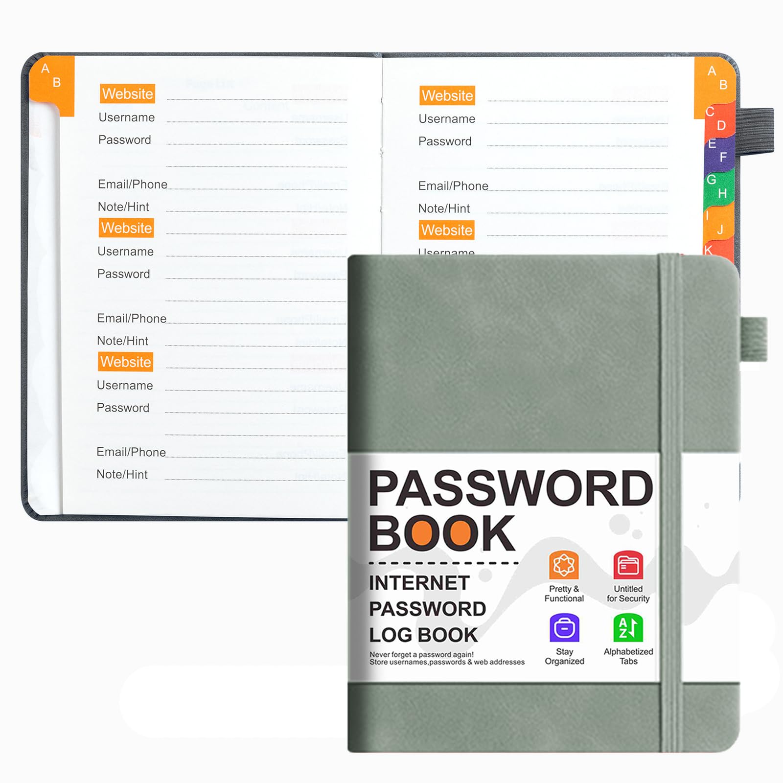 KAFENDA Password Book with Alphabetical Tabs, Address Book for Website Logins, Pocket Size 6.1" x 4.9", PU Leather Hardcover (Slate Grey)