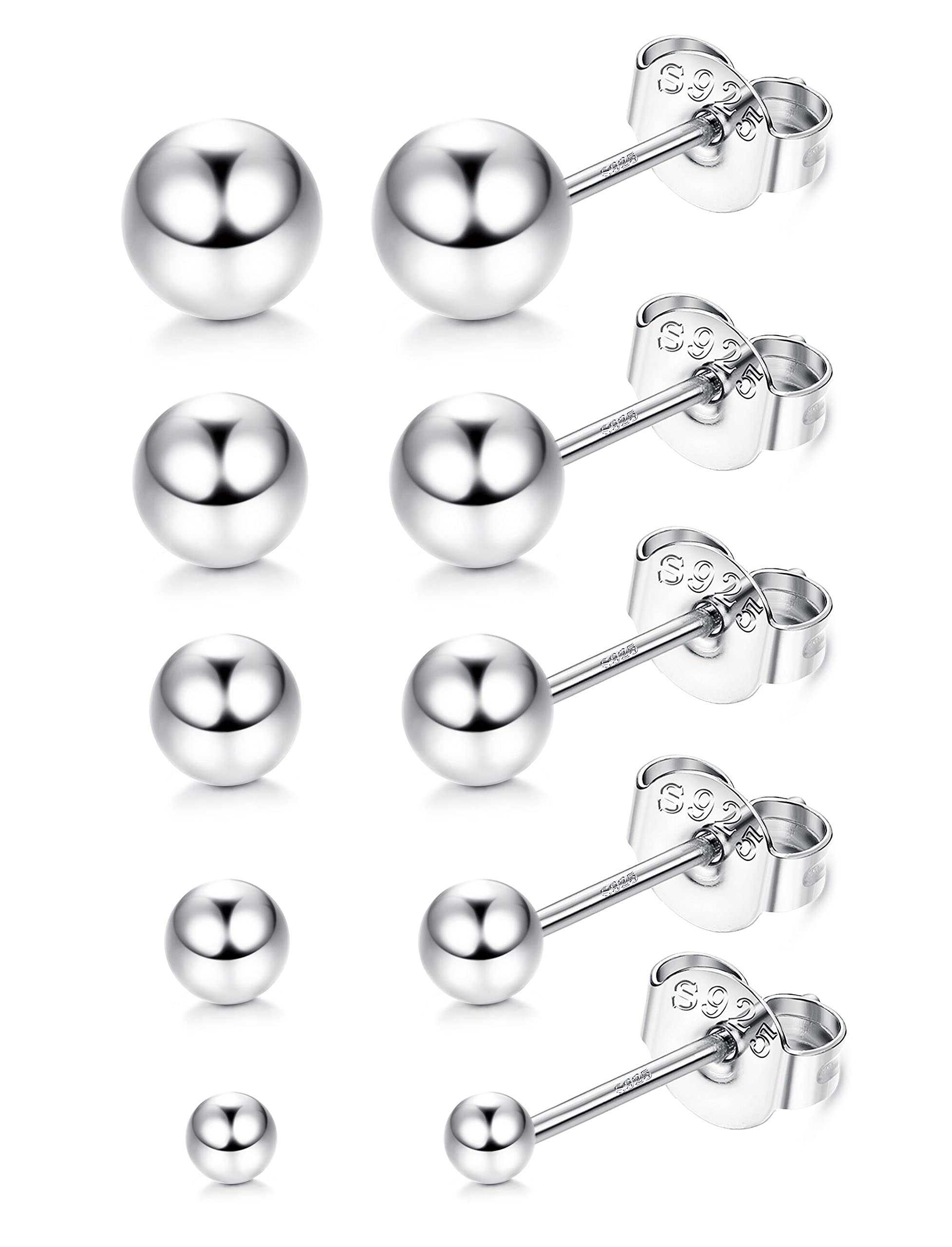 JeweBella5 Pares El Oro Blanco 18K Plateó Pendientes Plata de Ley 925 para Mujeres Hombres Pendientes Esfera/Bola Redondas Aretes Clásica Cartílago Piercing Pendientes Pequeños 2-6MM