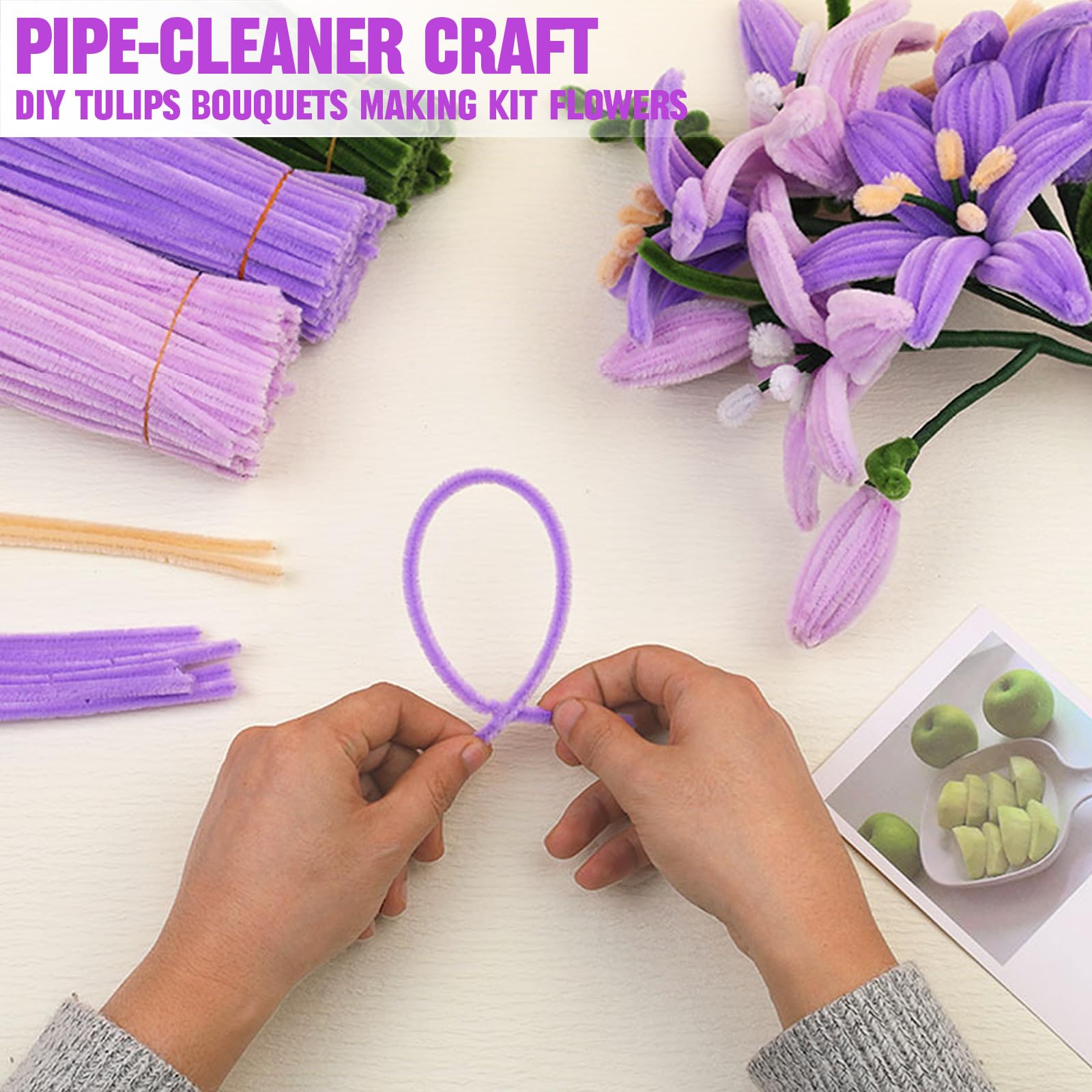 Axinyijia 400 Pièces Fil Chenille Pour Fleurs - Jaune Rose Violet Avec Étamines, Ruban Et Fil Floral - Kit Loisirs Créatifs Pipe Cleaners