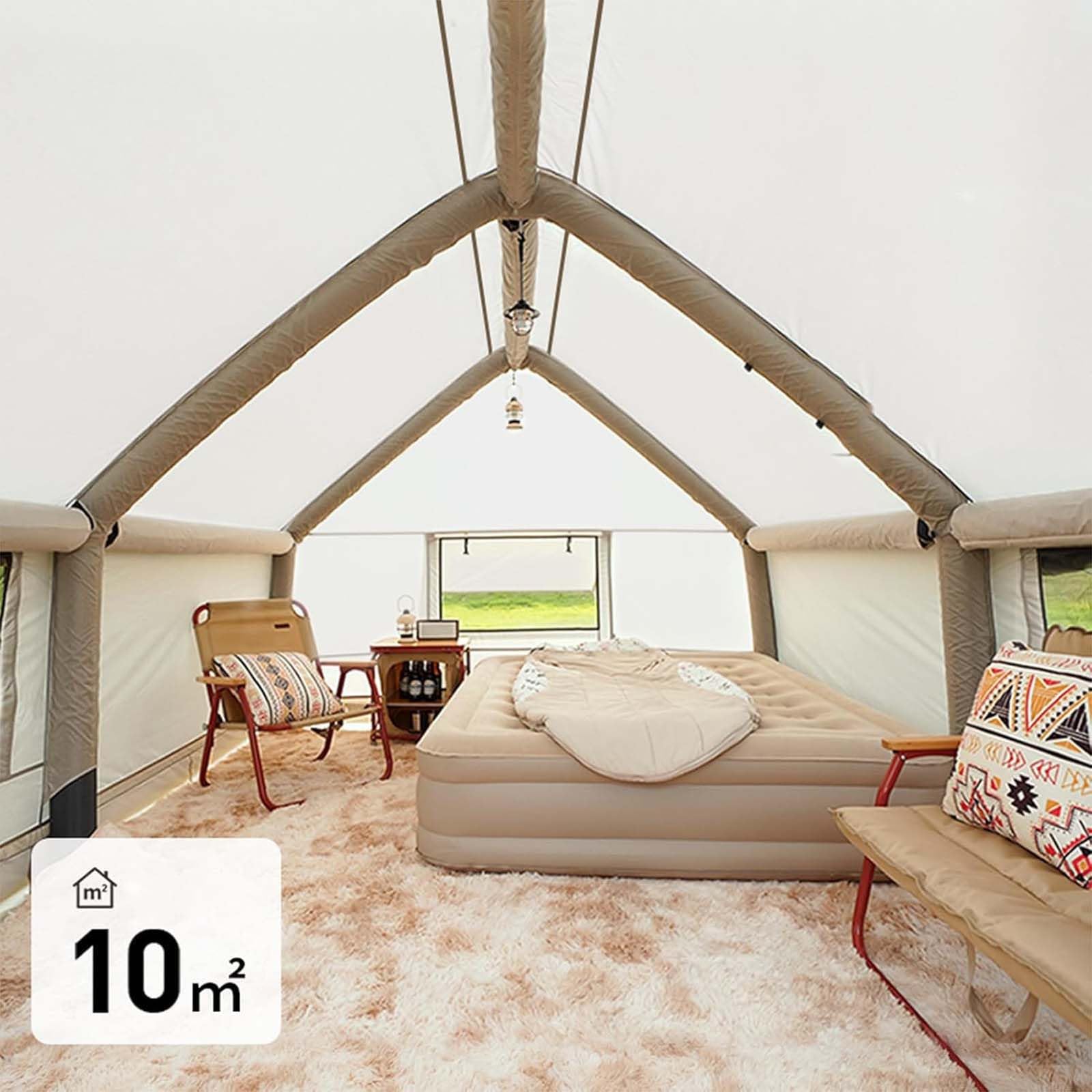 Tenda da campeggio gonfiabile per 6-8 persone, facile da installare, con pompa manuale, finestre in rete, foro per cric per stufa, perfetta per avventure all'aria aperta