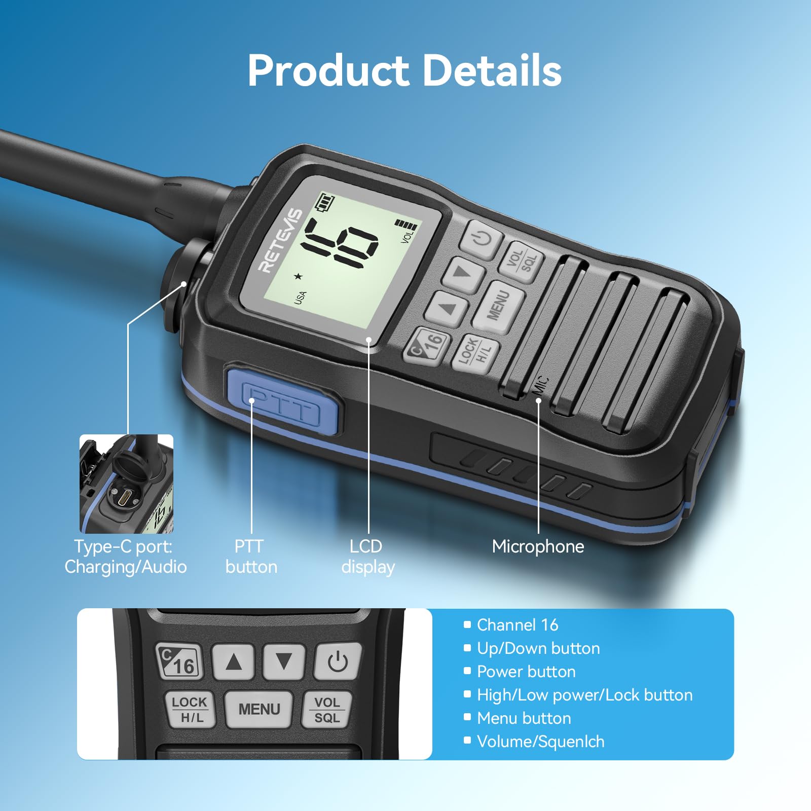 Retevis RM01P Marine Walkie Talkie IP67 Impermeabile VHF 88 Canali 1750mAh Tipo C Nero