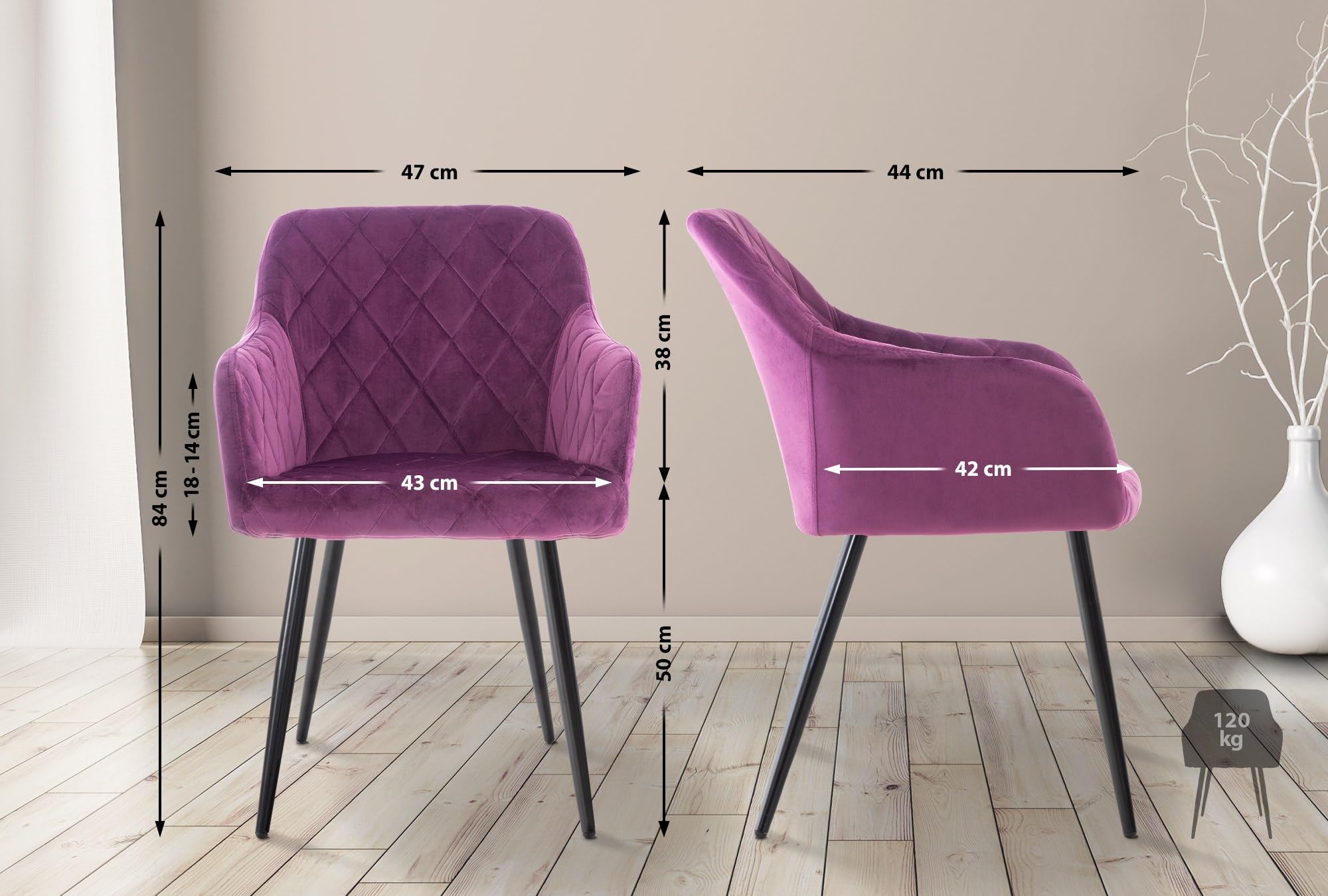 CLP Silla De Comedor Shila En Tela I Silla De Salón En Terciopelo & Base De Metal I Butaca Moderna con Reposabrazos Color:Violeta;Material:Terciopelo
