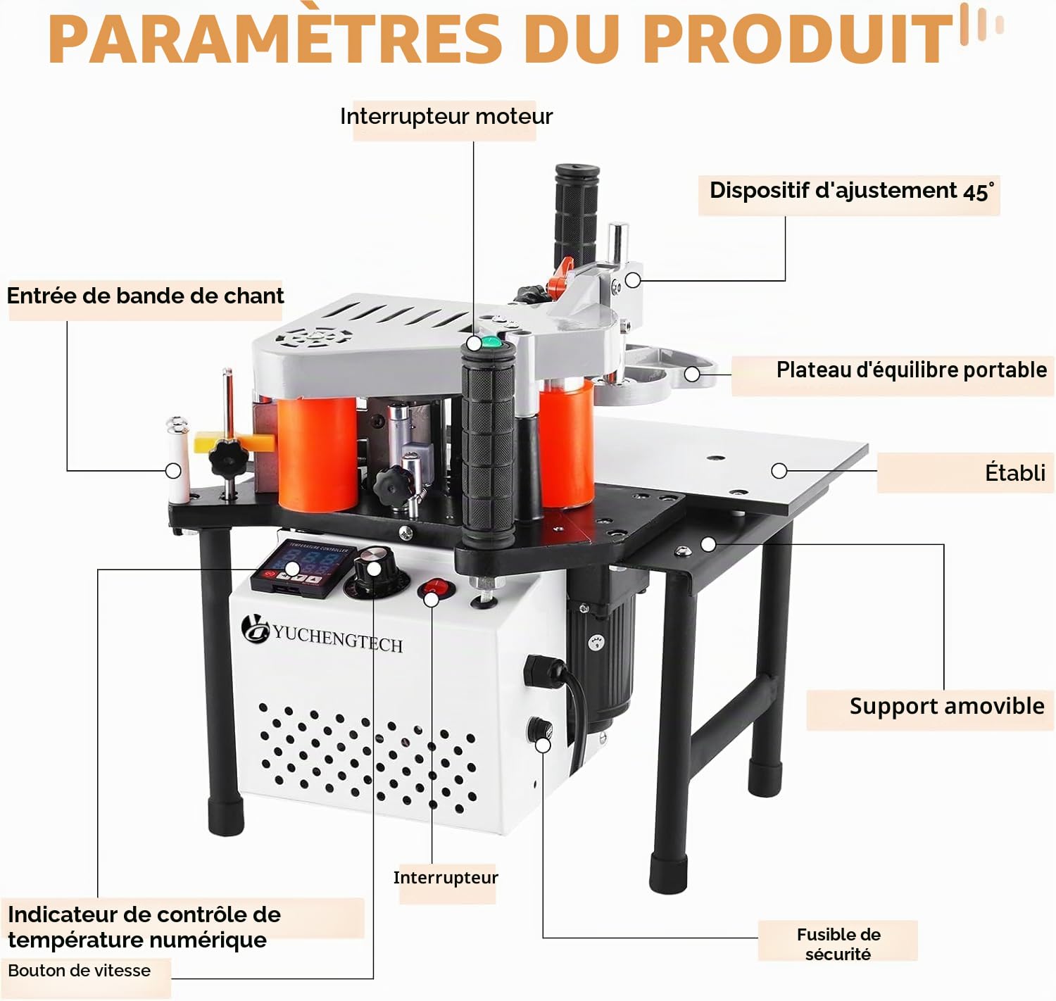 YUCHENGTECH Plaqueuse de Chant Portative 2-6m/min pour PVC/Contreplaqué | Vitesse Réglable 2-6m/min, Collage Double Face, Largeur 10-50mm, Épaisseur 0.3-3mm, pour Travail du Bois