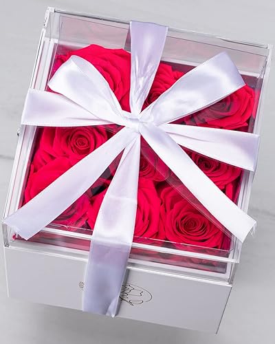Miniatura 6 de DuHouse 9 rosas preservadas en caja acrílica flores eternas que duran 4 años regalos para novia esposa mamá mujer día de San Valentín aniversario