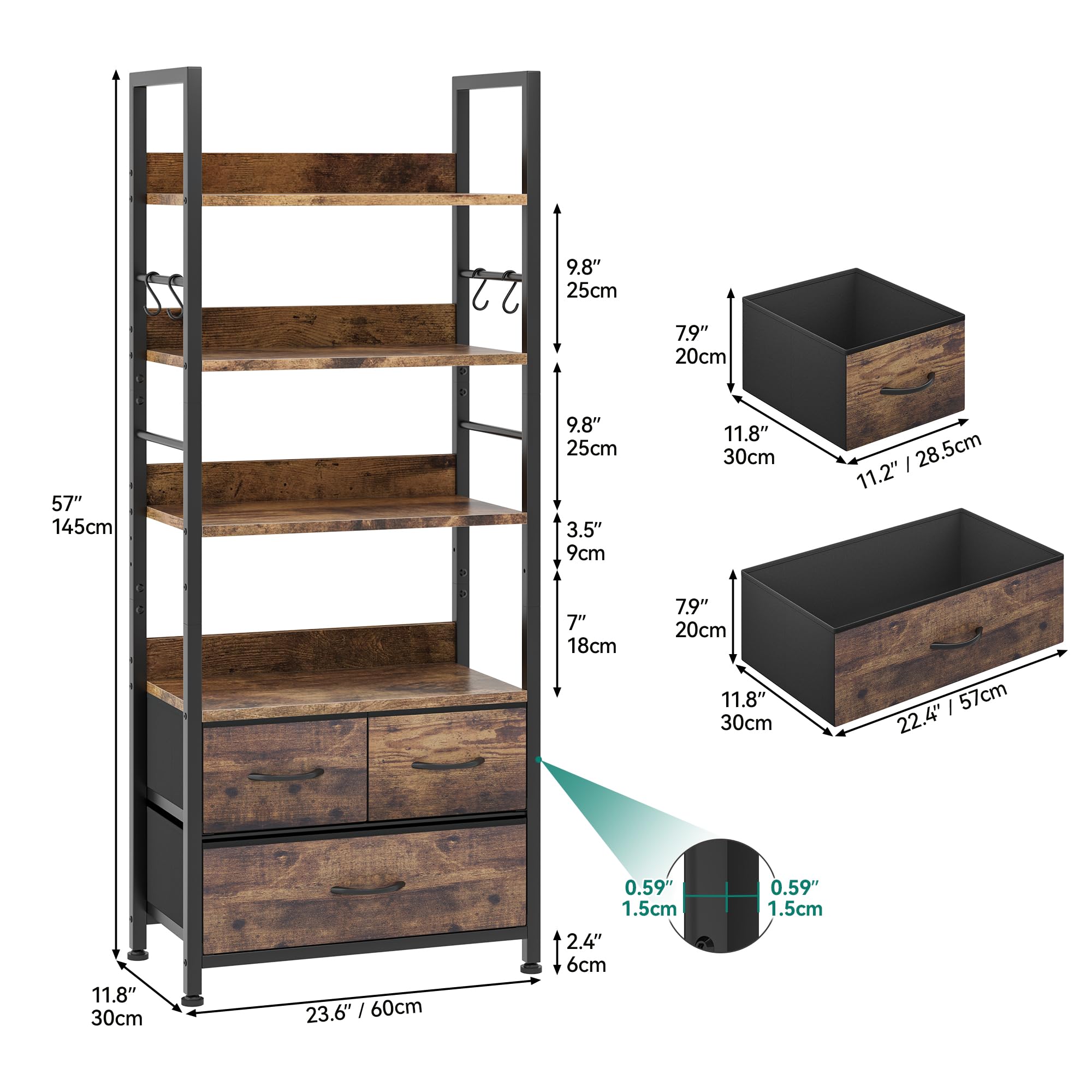 Libreria A 3 Ripiani Con Cassetto | Scaffale In Legno E Metallo, Stile Industriale, Marrone Rustico, Autoportante Per Soggiorno E Camera - 6