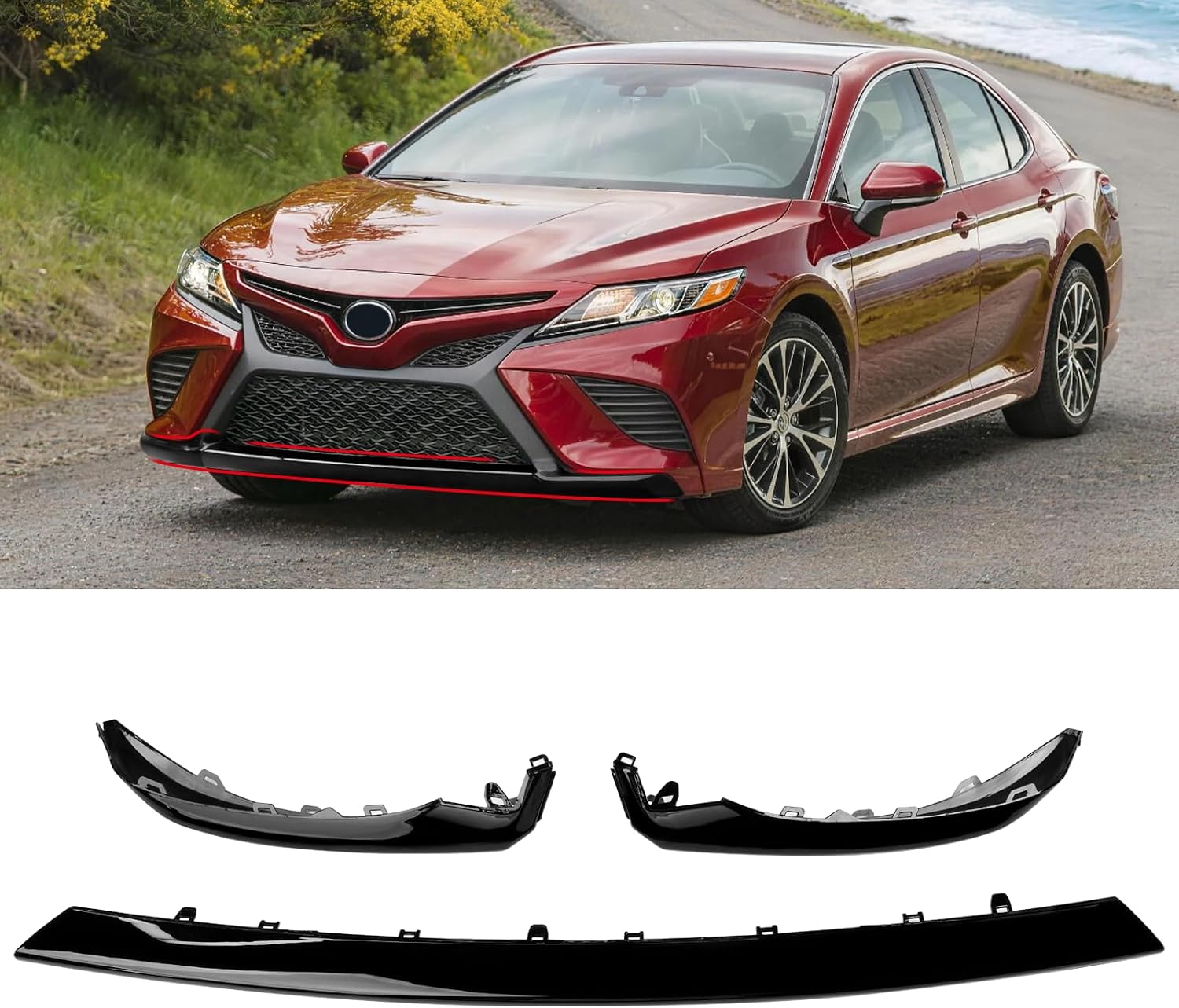 Moonlinks Compatible with 2021-2024 Toyota Camry SE XSE Front Bumper Trim Cover, 3PCS Front Left & Middle & Right Side Bumper Lower Grille Trim for Camry (Glossy Black)