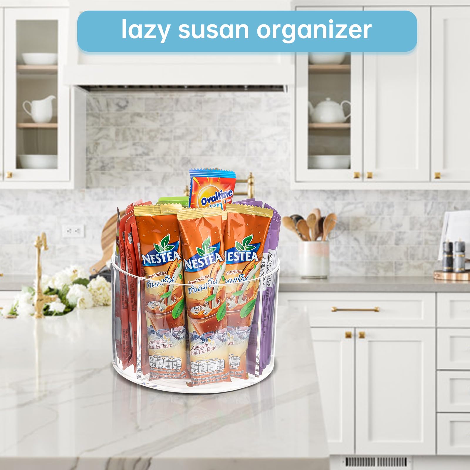 Organizador de paquetes de bebidas para mezcla de bebidas en polvo, paquete de polvo, paquete de agua, paquetes de hidratación, organizador Lazy Susan para mezcla de bebidas, soporte giratorio 6