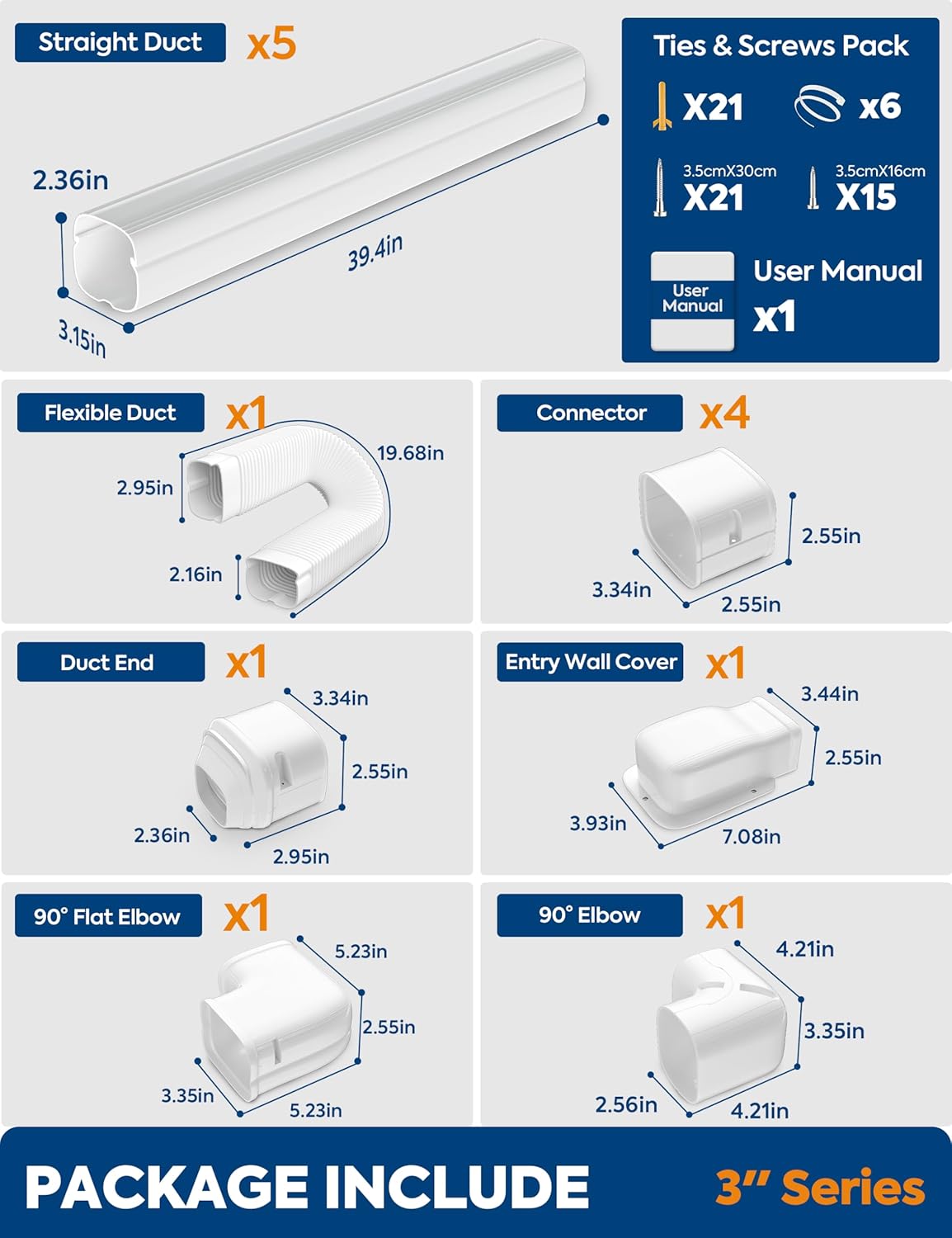 3" 19Ft Mini Split Line Set Cover with Flexible Duct, Upgrade PP Decorative Paintable Lineset Cover Kit, 39.37" per Straight Duct, for Minisplit, Air Conditioner, Central AC, HVAC