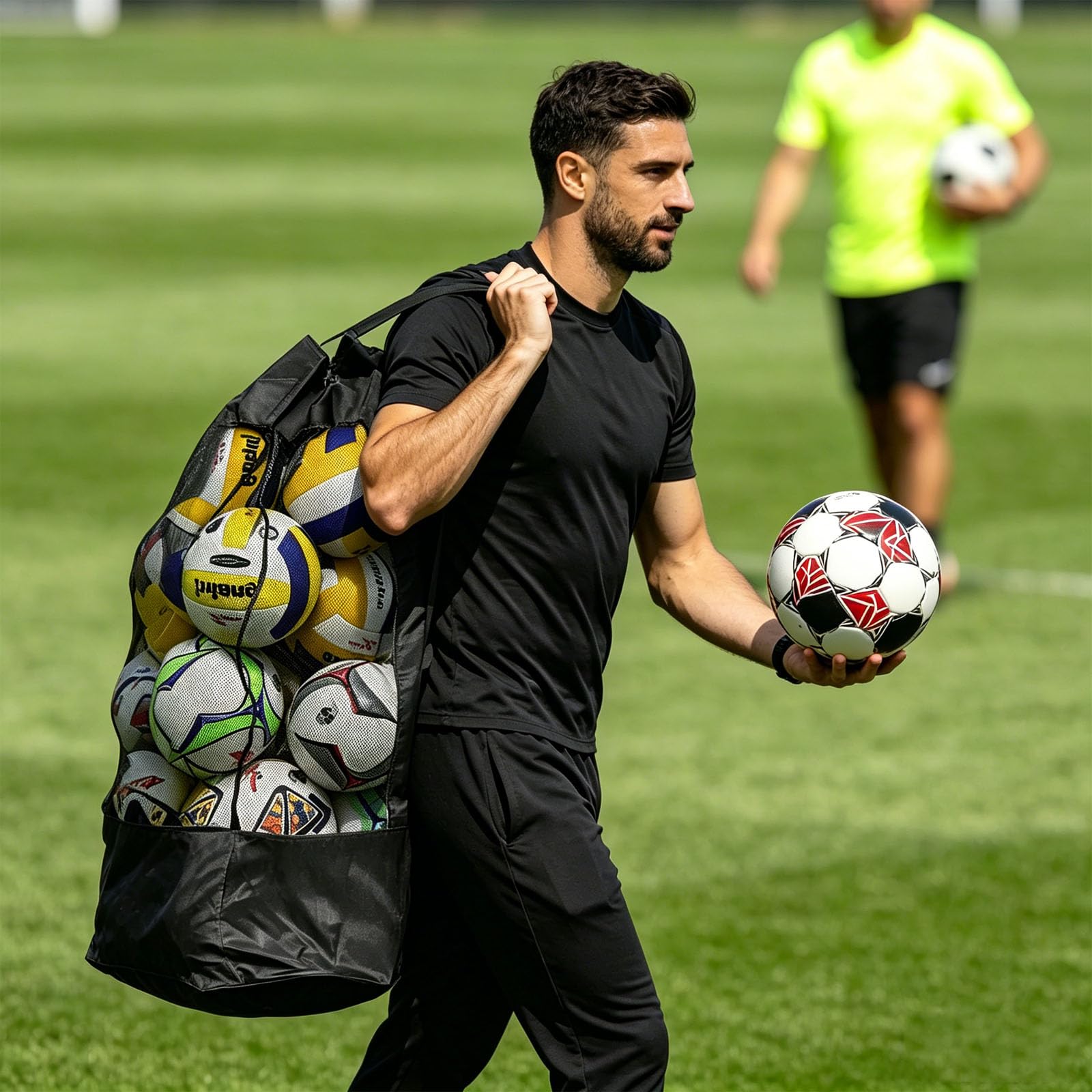 Borsa Per Palloni in Rete, 15-20 Sacca in Rete Palloni da Calcio, Borsa a Tracolla Impermeabile per Allenamento di Calcio, Basket, Volley e Rugby