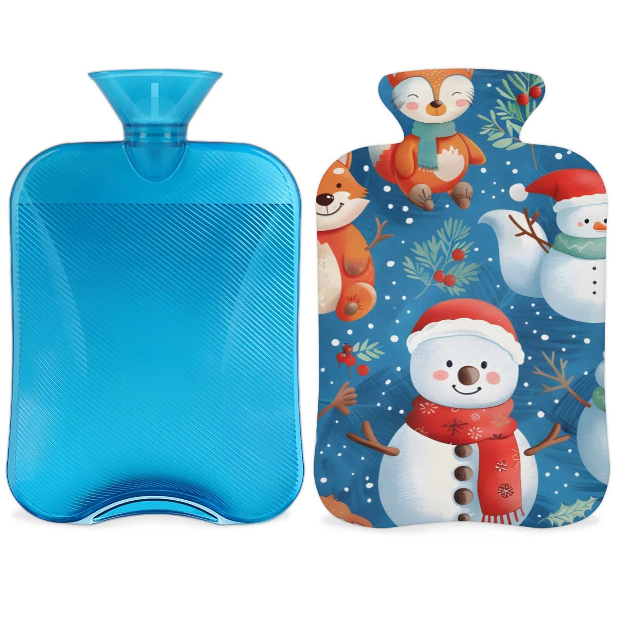 Hot Water Bottle with Soft Cover,2L Christmas Fox Snowman Hot Water Bag for Hot and Cold Compress, Hand Feet Warmer, Rubber Hot or Cold Water Bottle Halloween Christmas Decorations
