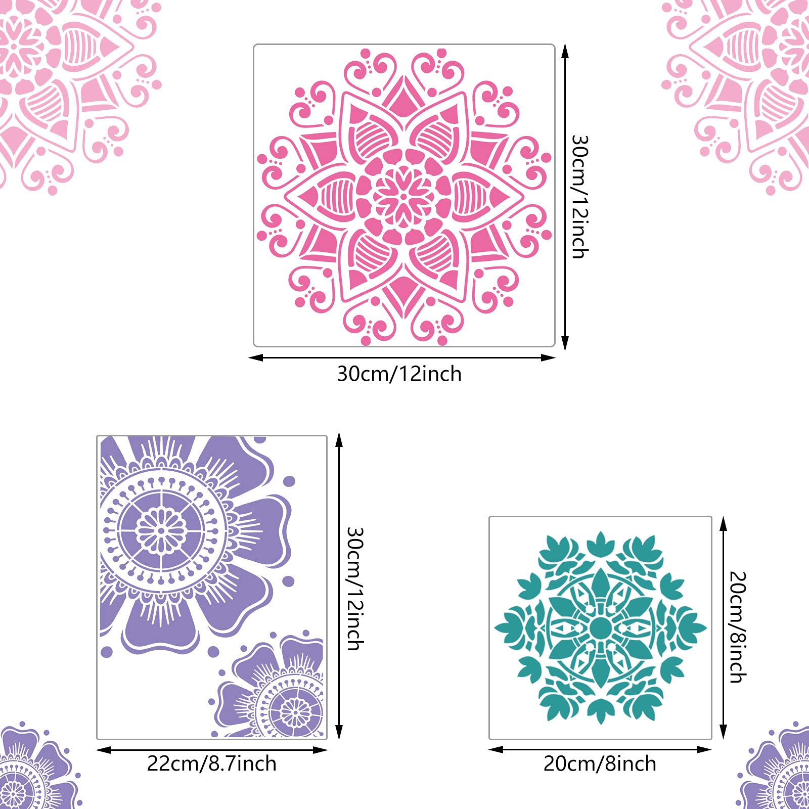 Zonon 12 Pieces Large Mandala Stencil Reusable Stencil Laser Cut Painting Template For Wall Tile Floor Fabric Furniture Painting,12 Styles,3 Sizes (Delicate Style) 1
