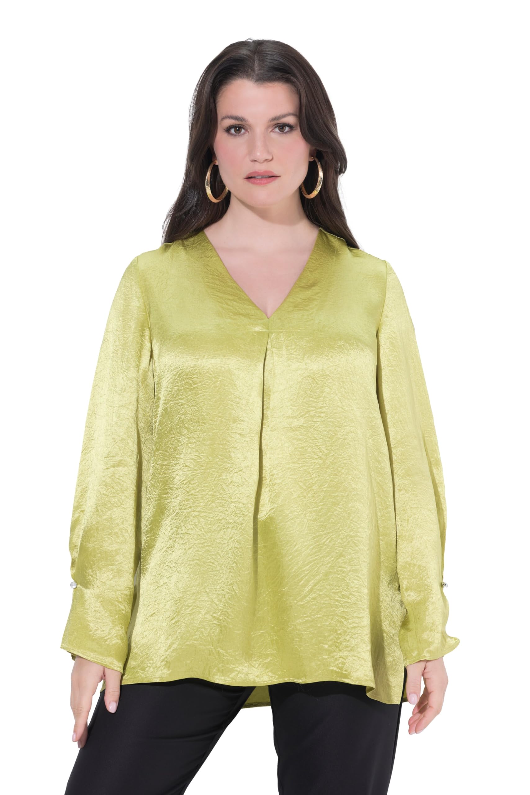 Ulla Popken Damen große Größen Übergrößen Plus Size Tunika, A-Linie, Zierfalte, V-Ausschnitt, Langarm 845038