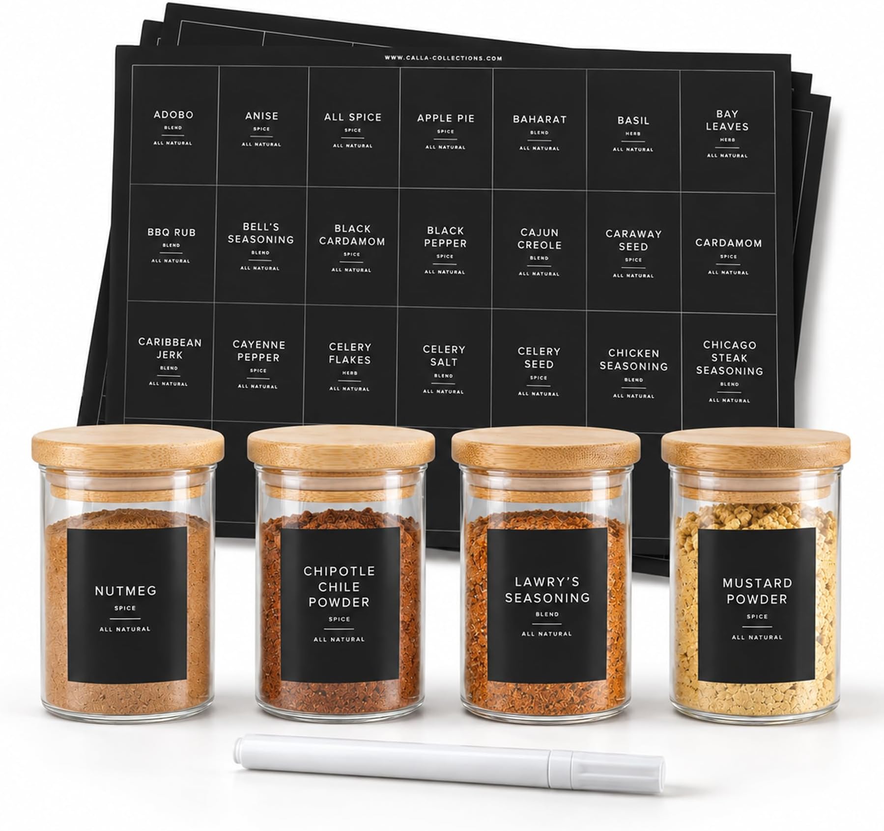 230 Black Spice Labels by ThreeKin | Waterproof & Oil-Resistant Pre-Printed Stickers for Spice Jars | Durable, BPA-Free Seasoning Labels | Easy-Clean, No-Residue Design | Proudly Female & USA Owned
