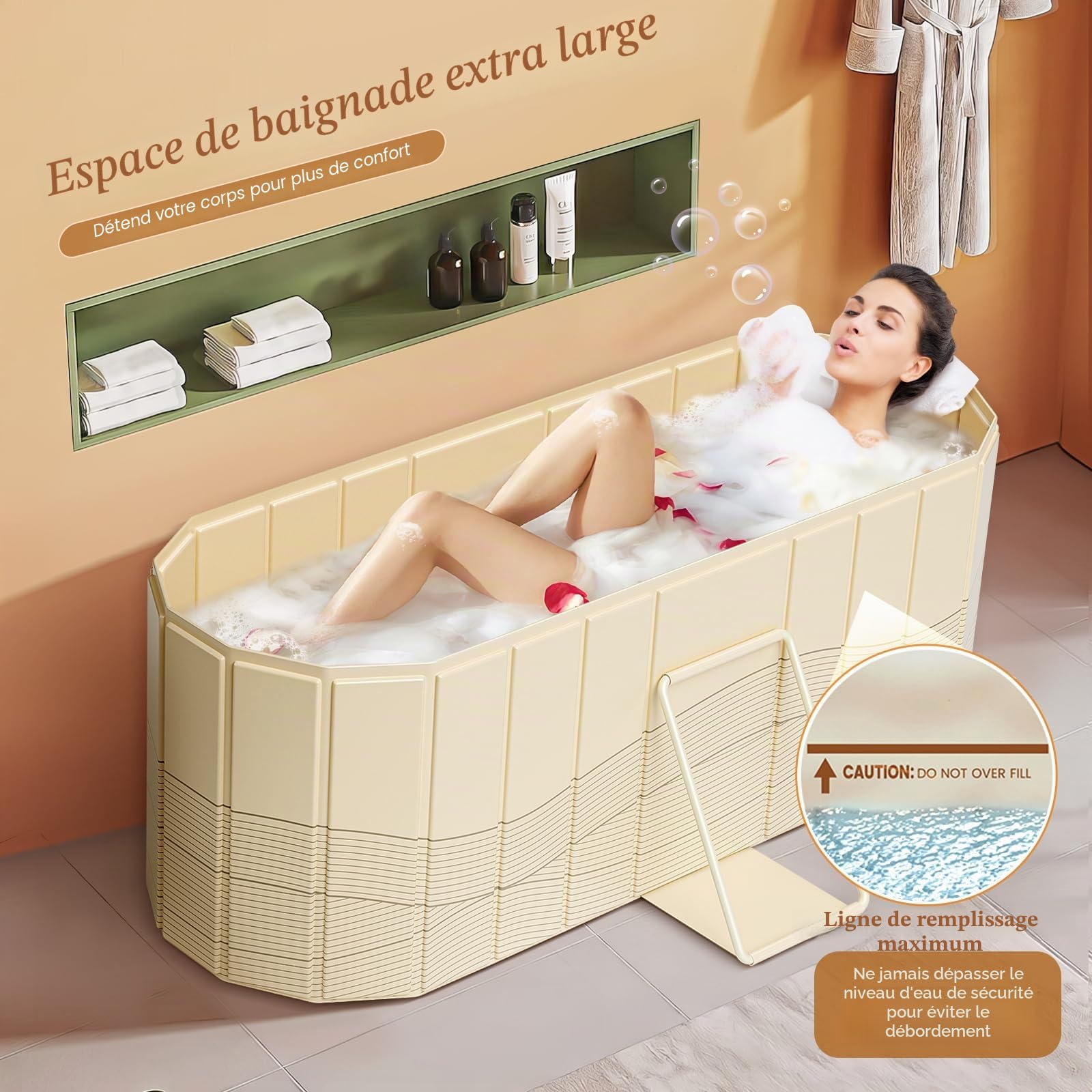 Baignoire portable pour adultes 150 x 55 x 50 cm, baignoire pliable pour adultes avec 2 trous de vidange, baignoire familiale pour glace équipée de 2 plaques de support latérales avec couvercle (Beige