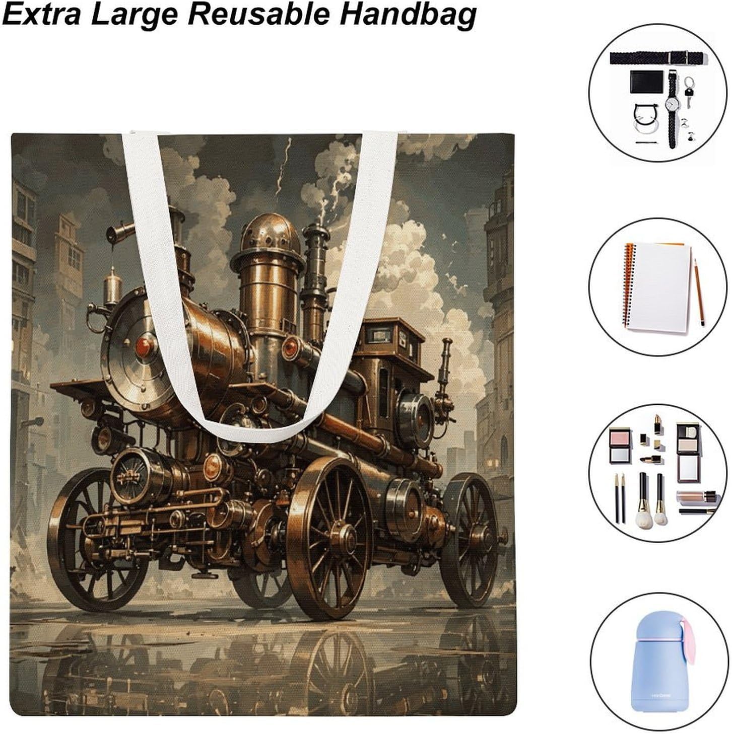 Steampunk Style Canvas Tote Bag Reusable Grocery Bags Foldable Soft Cotton Shoulder Carry Bag
