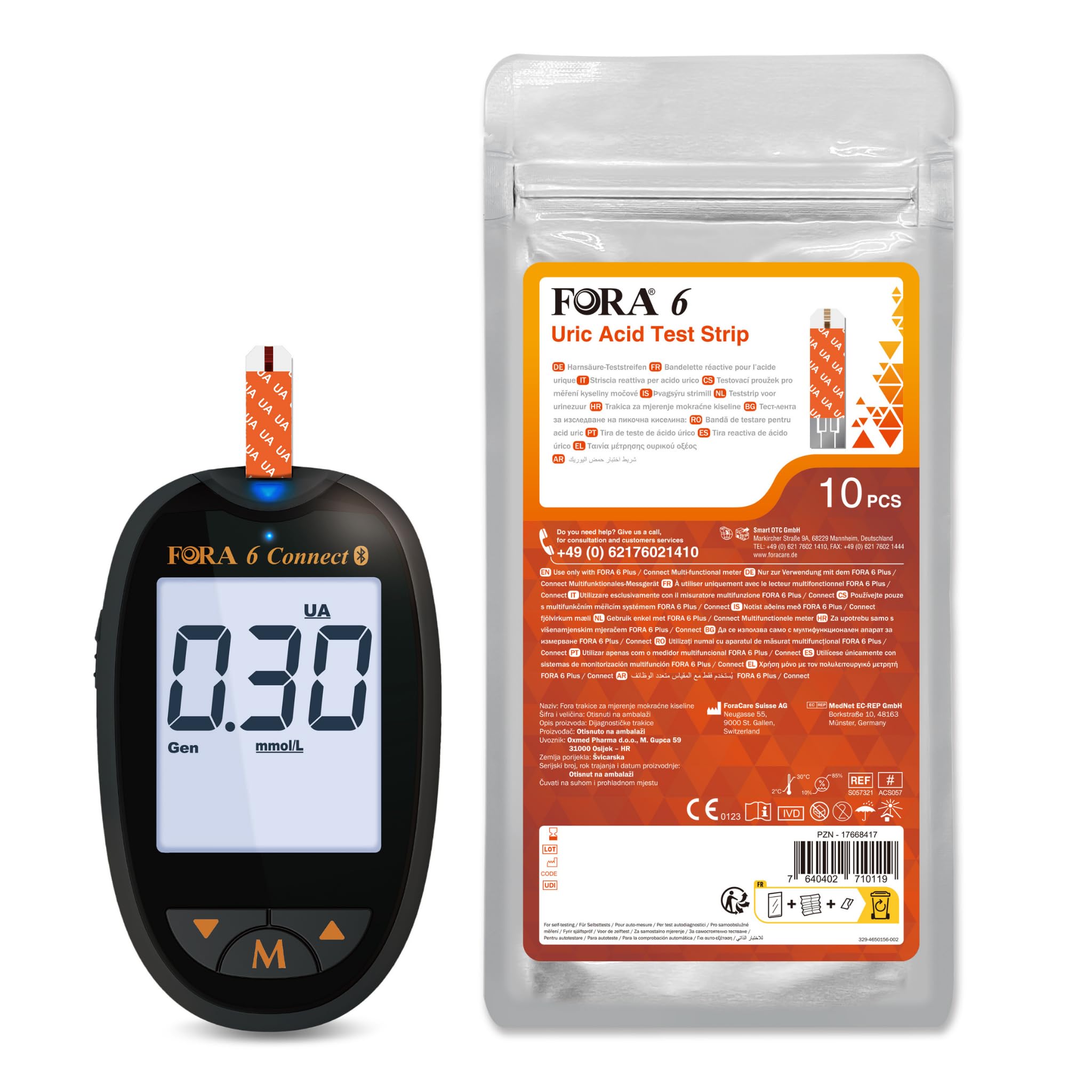 FORA 6 Connect mmol/L Harnsäuremessgerät mit 10 Teststreifen + 10 Lanzetten | Bluetooth & App-Synchronisation | Für Gichtkontrolle & Harnsäureüberwachung