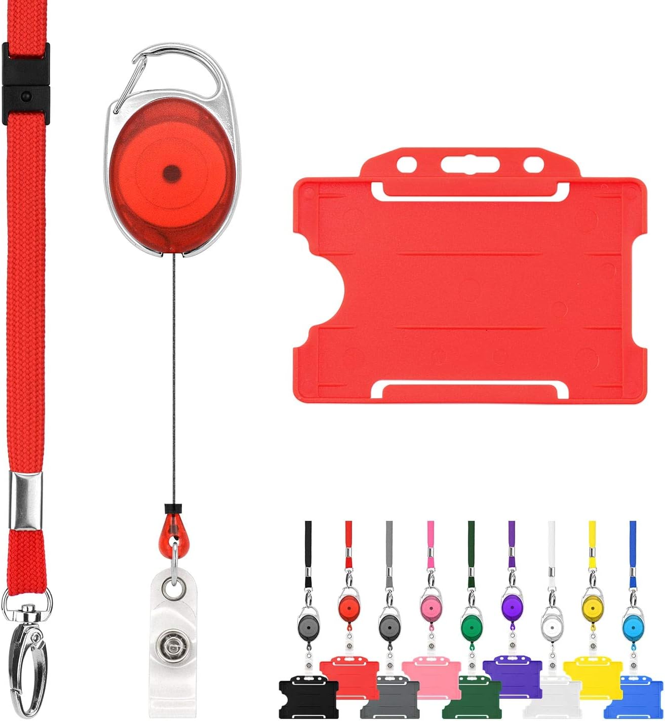 Retractable Lanyard and Badge Holder Trio Triple Pack by LanyardsTomorrow - Set Includes A Single Plain Lanyard, Extendable Carabiner Yoyo Reel Clip and Rigid ID Card Holder (Red)