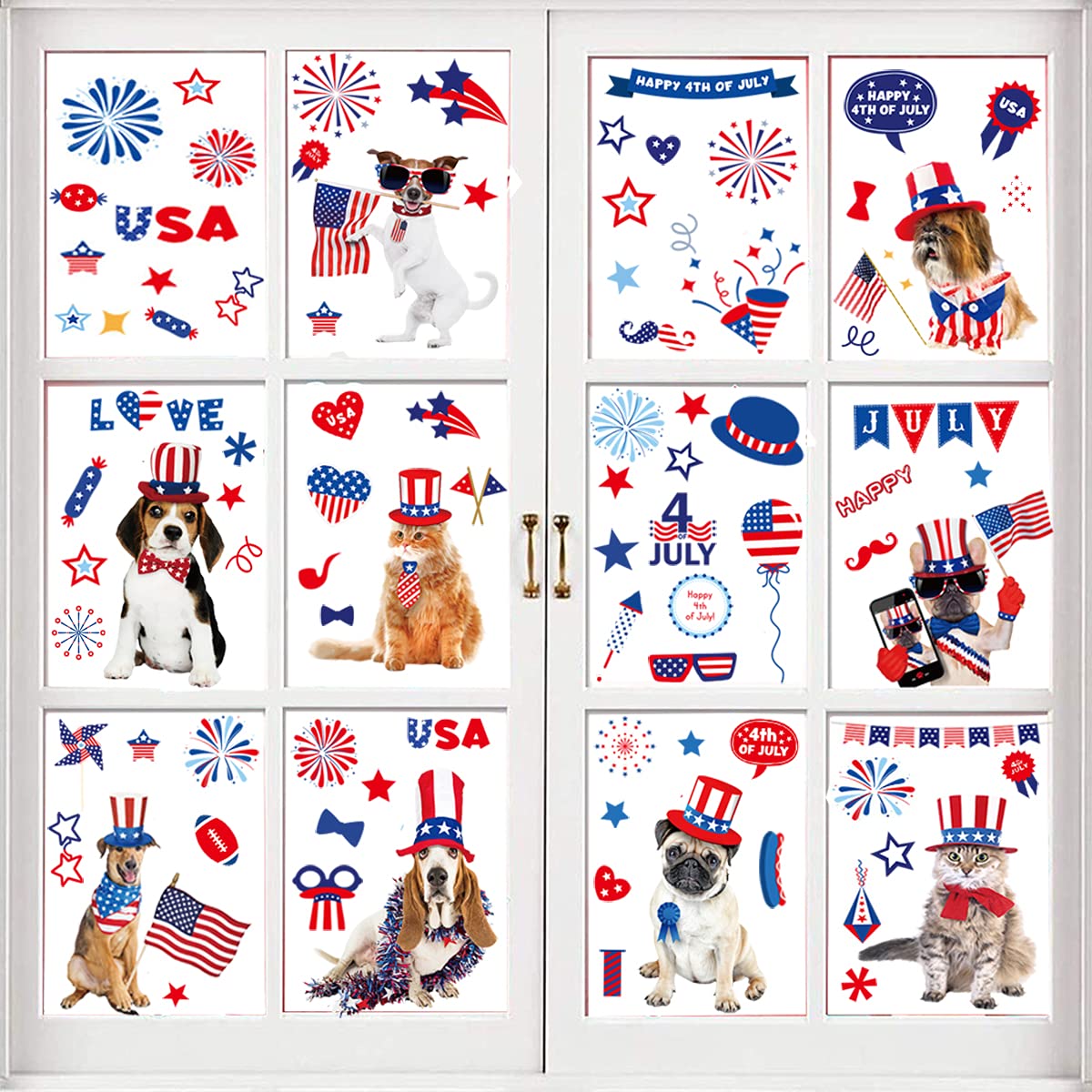 4th of July Window Clings July 4th Window Stickers Decals for Memorial Day Decorations 9 Sheets Double Sided Patriotic Pets USA Flag Window Decals for Spring Home Glass Window Decor Party Supplies