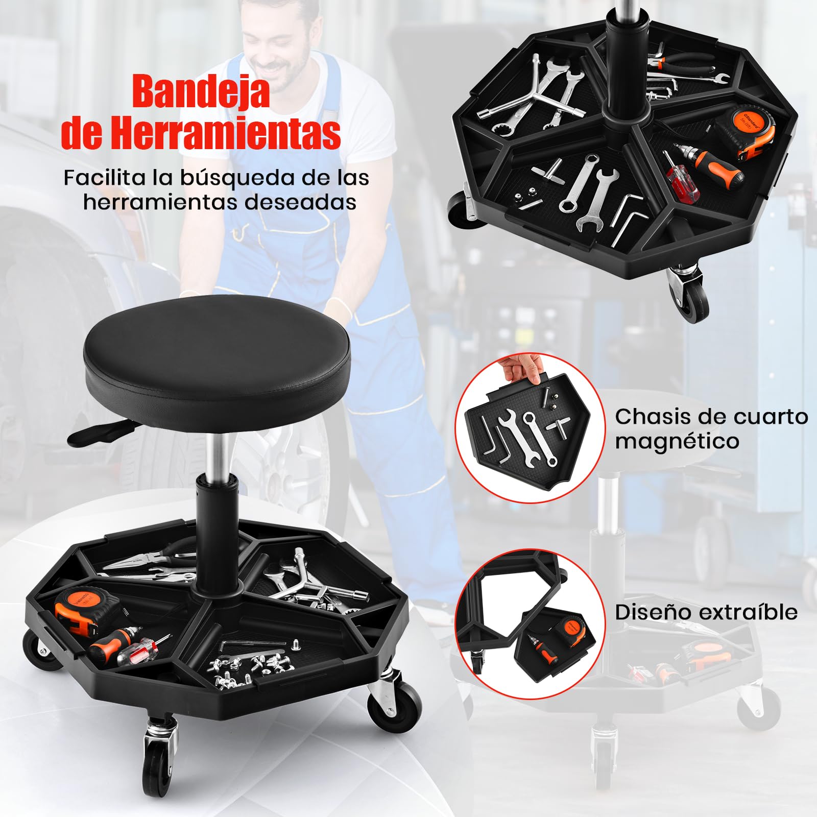 GYMAX Taburete de Montaje Móvil Robusto, Taburete de Taller Ajustable, Asiento Neumático Mecánico con Bandeja para Herramientas y Cojín Acolchado, Asiento Giratorio para Garaje (Negro)
