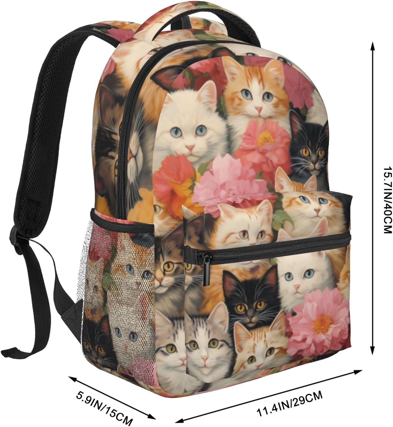 Floral Cat Backpack, Lightweight Backpacks for Travel Work School Sport, Vintage Cute Back Pack Gift for Women Girls, Kitten and Flower Laptop Books Casual Daypack, 11.4×5.9×15.7 Inch