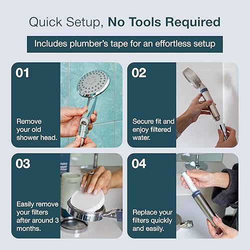 Miniatura 8 de Cabezal de ducha de mano con filtro y asa de mano - Cabezales de ducha de alta presión con filtro para reducir el cloro y suavizar el agua - Cabezal