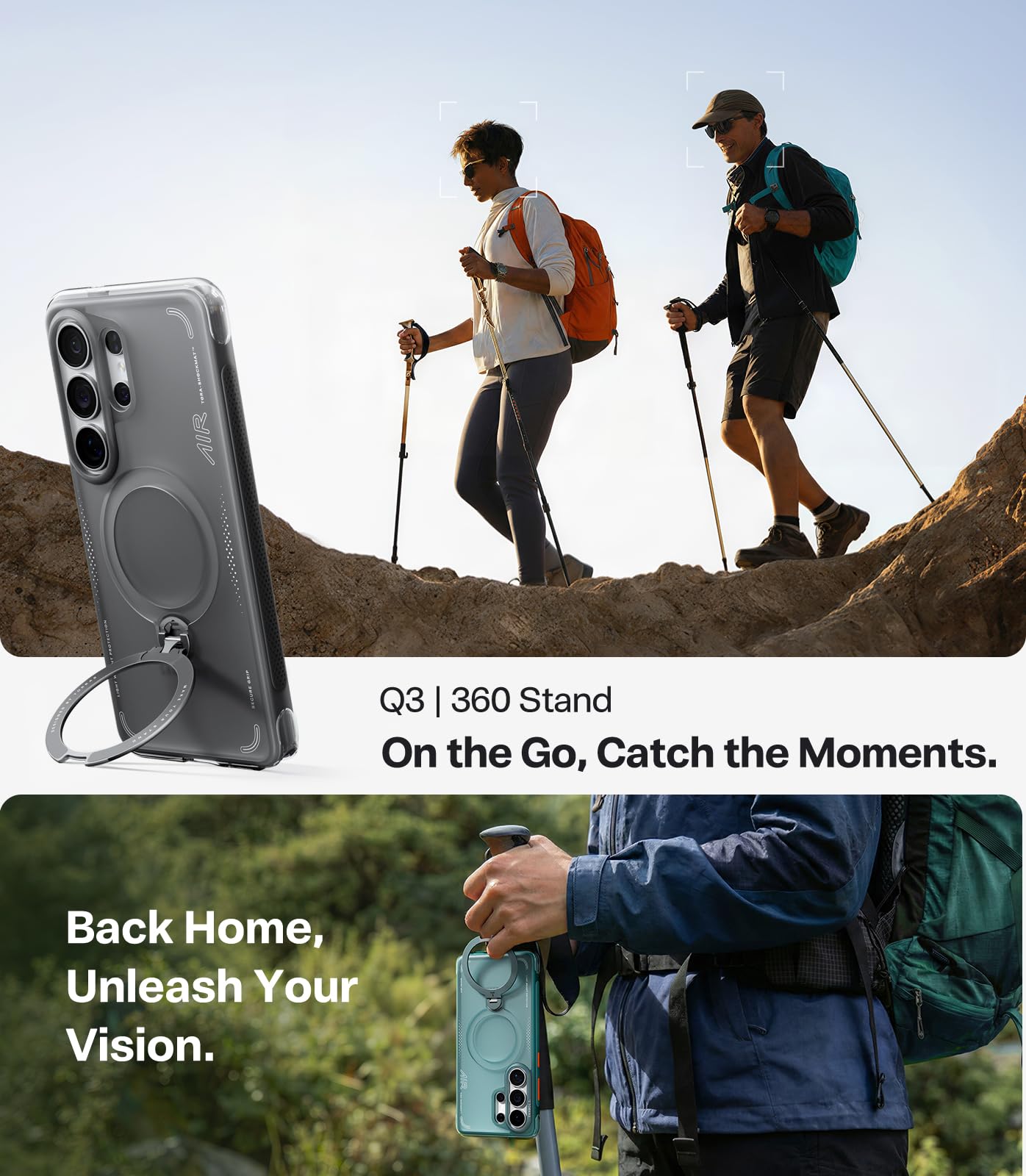 TORRAS Ostand Q3 Air Cover per Samsung S26 Ultra con vero airbags Doppia protezione [Supporto magnetico 360° robusto] Custodia S26 Ultra Cover con pulsante di controllo della fotocamera, Nero