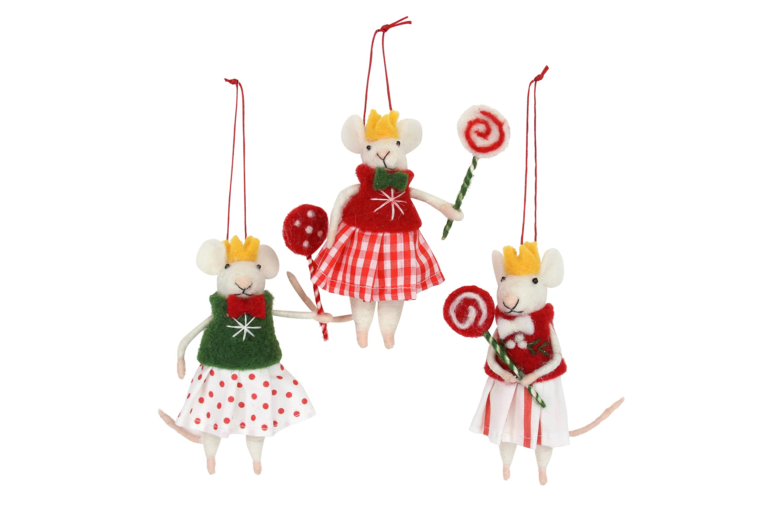 Gisela Graham Red, Yellow, Green, White Wool Mix Mice With Candy Lollipops Christmas Decoration (Set Of 3)