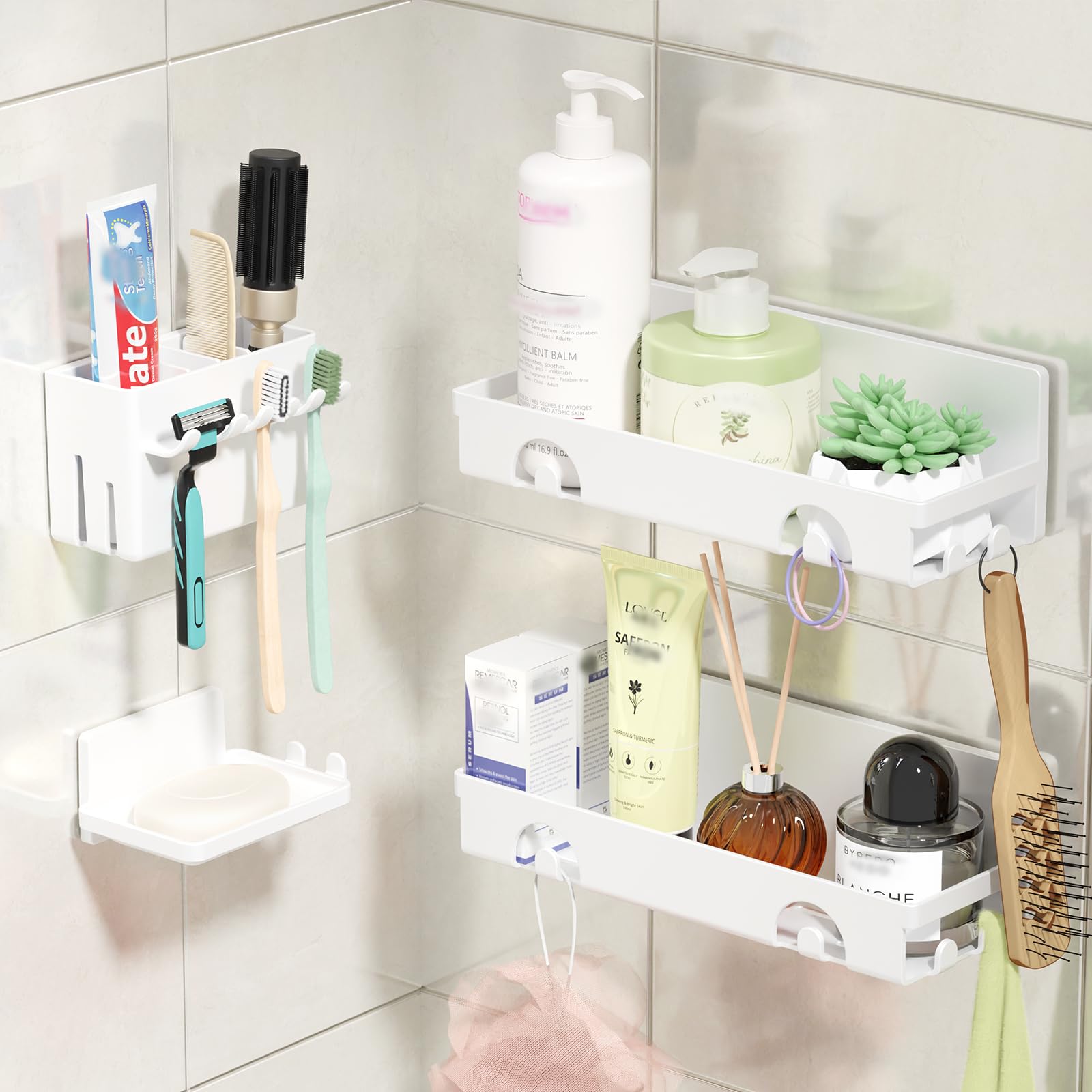 PAVSTINE Estanteria Baño Ducha sin Taladro, 4 PCS Estante Pared de Gran Capacidad, 7KG Estantería baño con Adhesivo Fuerte, Estanterias Jabonera Baño, Estanteria Champú y Gel de Ducha Blanco