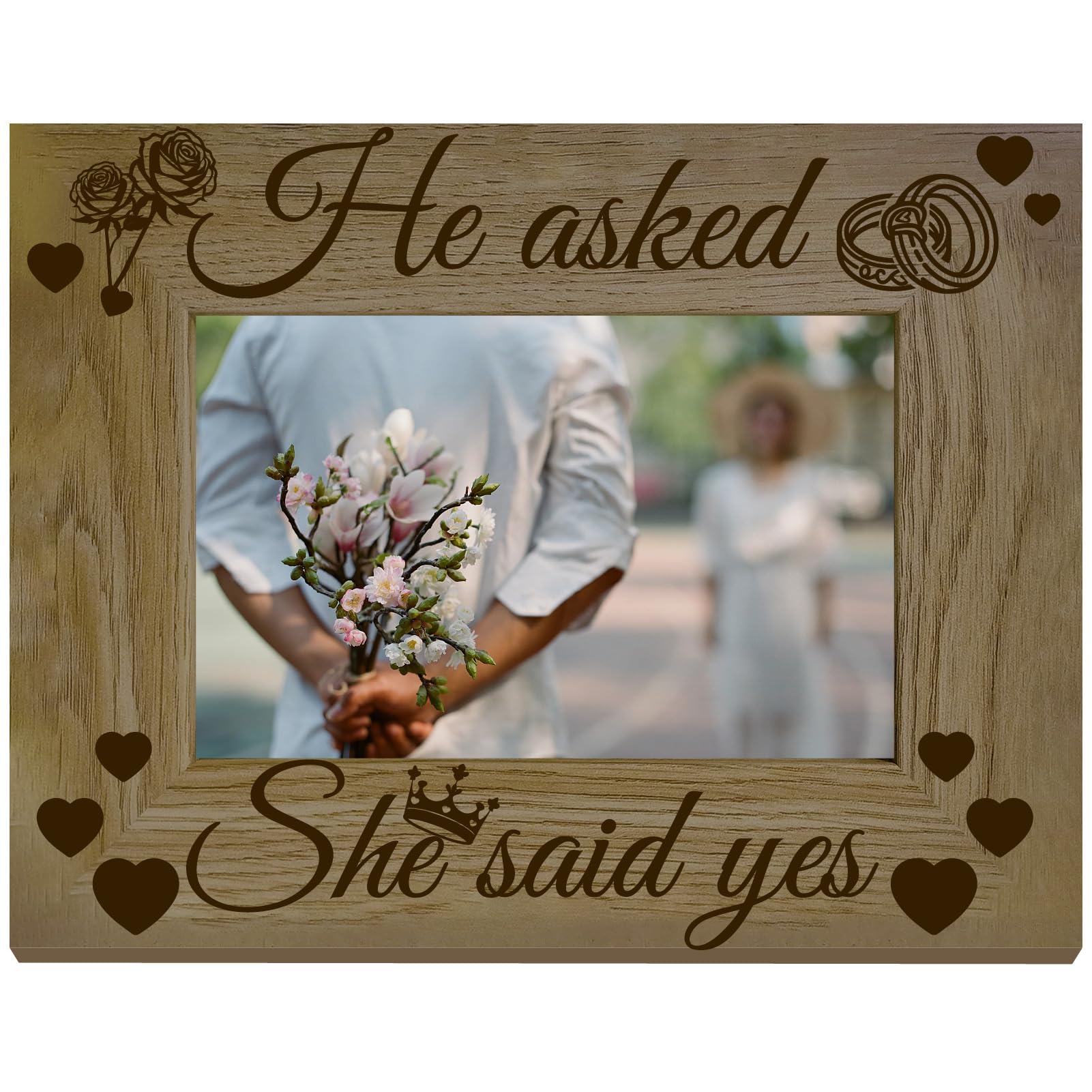 CREATCABIN Picture Frame Wood Photo Frame Holds Display Pictures 4x6 Wall Mounting Brown Printing Poster Frame Stand for Marriage Wedding Couple Memorial Gifts 6 x 8Inch-He Asked She Said Yes
