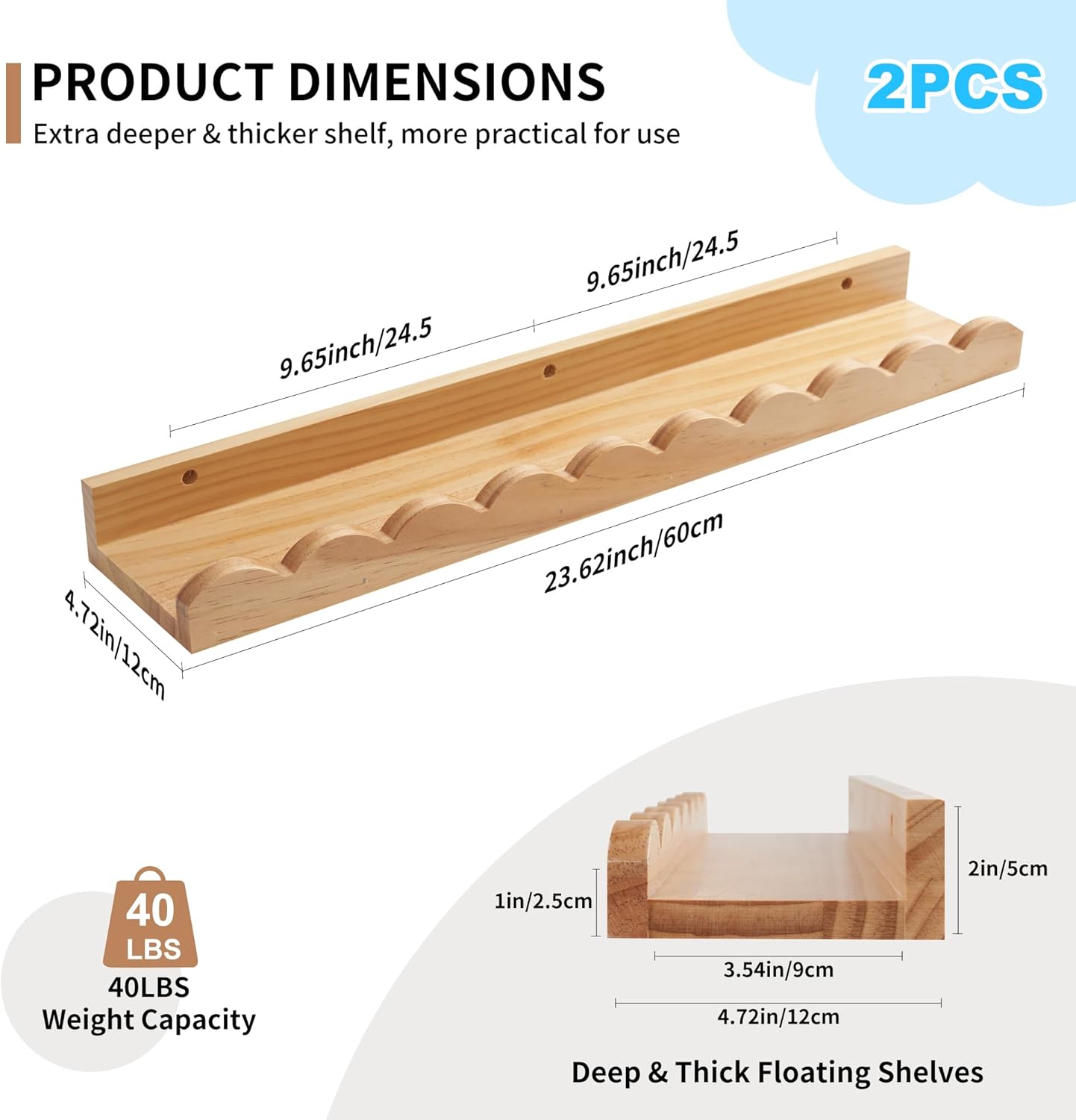 nursery book shelves, scalloped floating shelves set of 2 solid pine wood wall mounted bookshelf with wave lip for bedroom kids, toddler room, baby room 24inch natural a-natural 2 23.6inch(set of 2)
