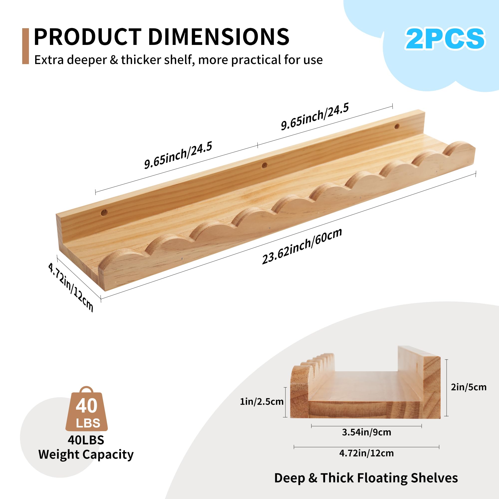 Gieanoo Nursery Bookshelves,Floating Shelves for Wall set of 2 Natural solid Pine Wood Wall Mounted Bookshelf for Bedroom Kids Toddler Room - Image 3