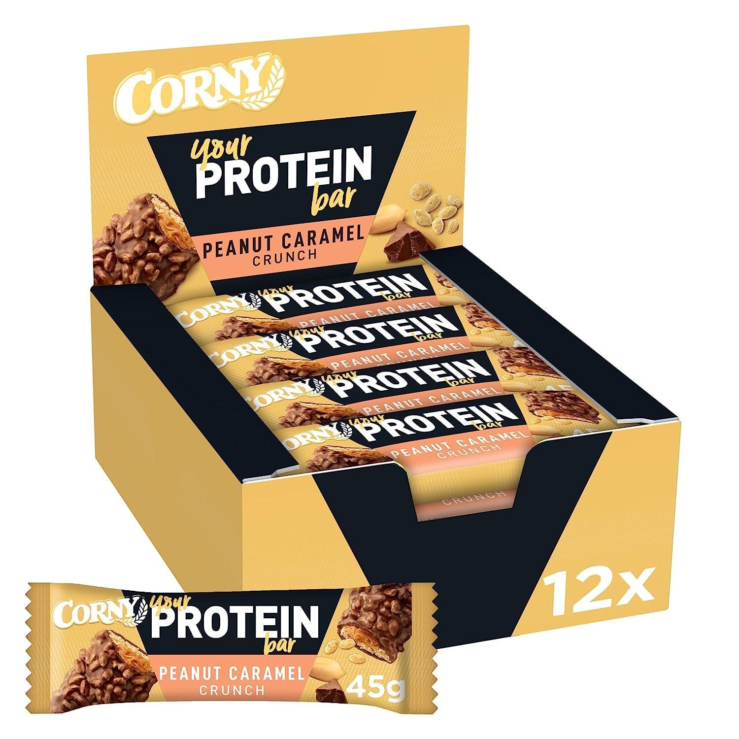 Corny Proteinriegel Peanut Caramel Crunch, 30 Prozent Protein, Eiweißriegel ohne Zuckerzusatz, 12 Stück (1er Pack)