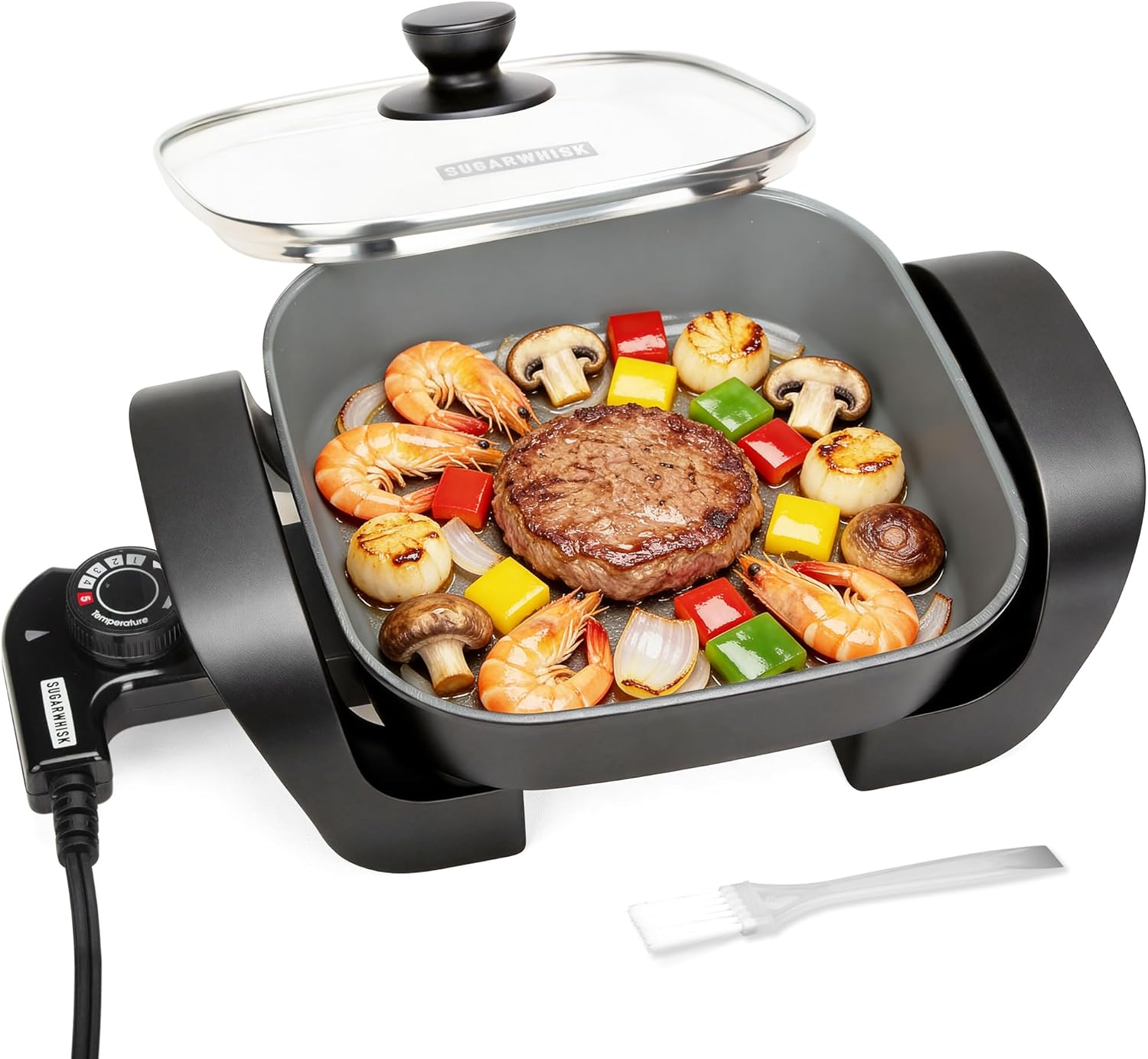 8-inch Ceramic Coated Electric Skillet with Lid, Non Stick Skillet Griddle Pan Electric, Rapid Heat Up, 650W, Breakfast Skillet, Kitchen Appliances for Cooking, Graphite