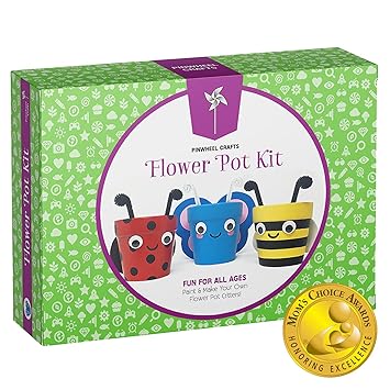 Pinwheel Crafts Flower Pot Kit Kids Craft - Art Kits for Kids 4-6 Set Comes with 3 Planters, 8 Paints, 2 Brushes & Much More - Paint Your Own Pot Set Garden Kit for Kids - Crafts for Kids Ages 4-8
