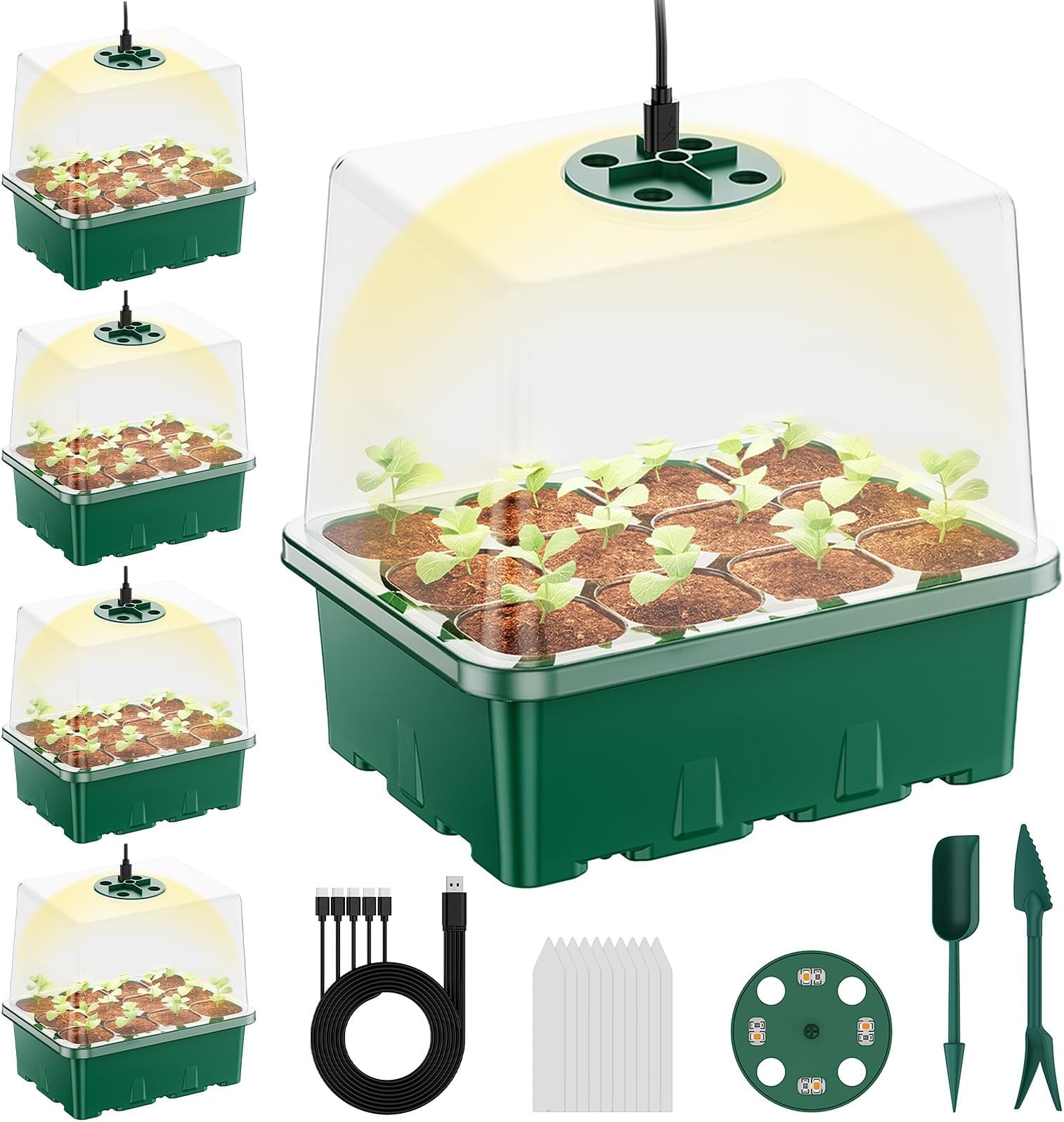 NBPLUS Seed Starter Tray with Grow Light, 5 Pack 60 Cells Seed Starter kit with Humidity Dome and Base, Plant Seedling Trays Indoor Greenhouse Gardening (Green 5 Pack)
