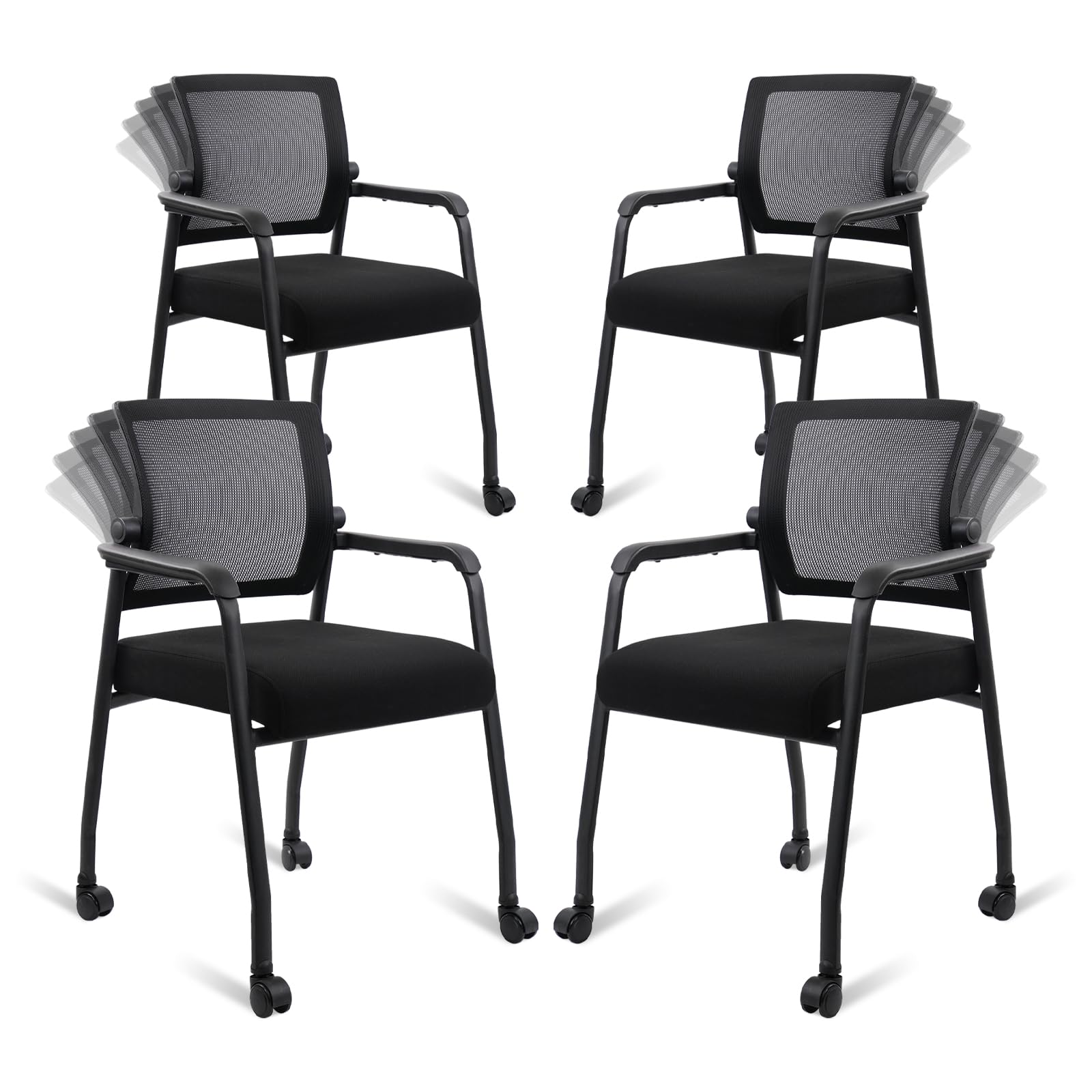 KLASIKA Waiting Room Chairs with Wheels, Adjustable Mesh Backrest, Desk Chair with Ergonomic Lumbar Support and Thickened Seats Cushion, 4 Pack Black