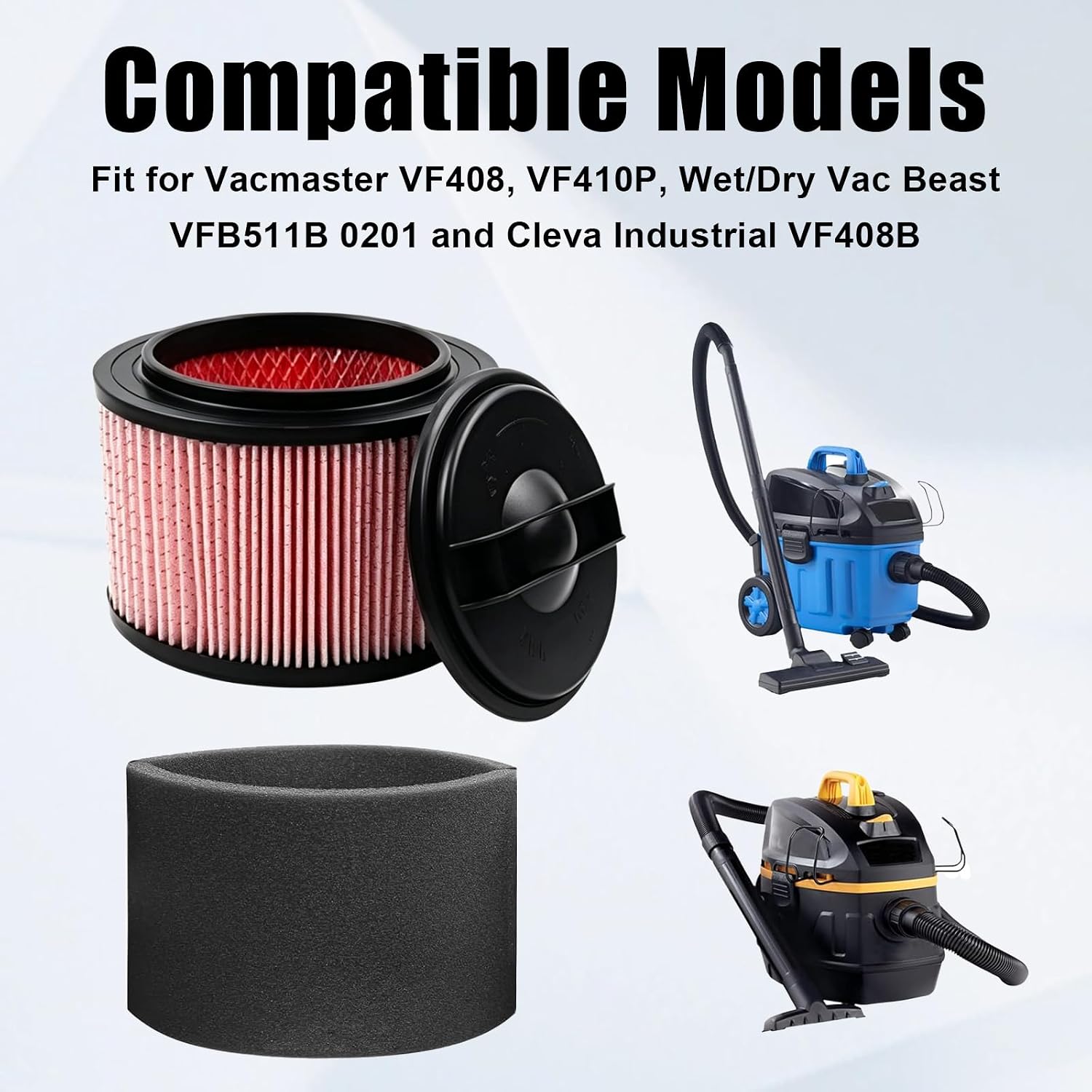 2 Pack Fine Dust Cartridge Filter Compatible with Vacmaster VF408, VF410P, Wet/Dry Vac Beast VFB511B and Cleva Industrial VF408B, Replaces Vacmaster VJFF Filter with 2 x Foam Sleeve