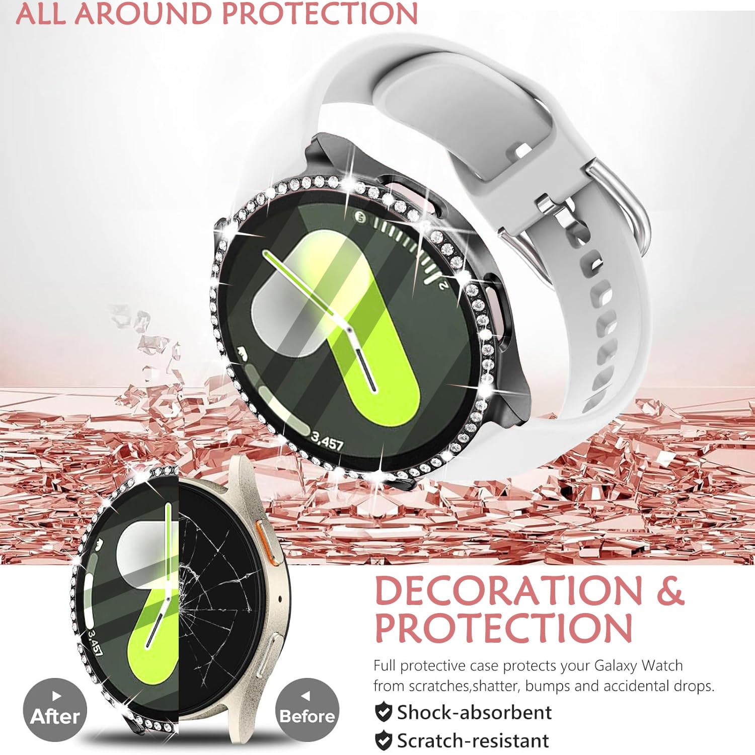 DEALELE [2-PACK] Case Compatible with Samsung Galaxy Watch 5/4 44mm, Bling Single-Row Diamond PC Protective Case Replacement Watch Cover Bumper (44mm, Gold+Transparent) — view 33